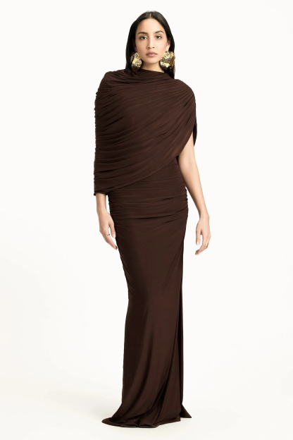 Jersey Gathering Asymmetrical Maxi Dress