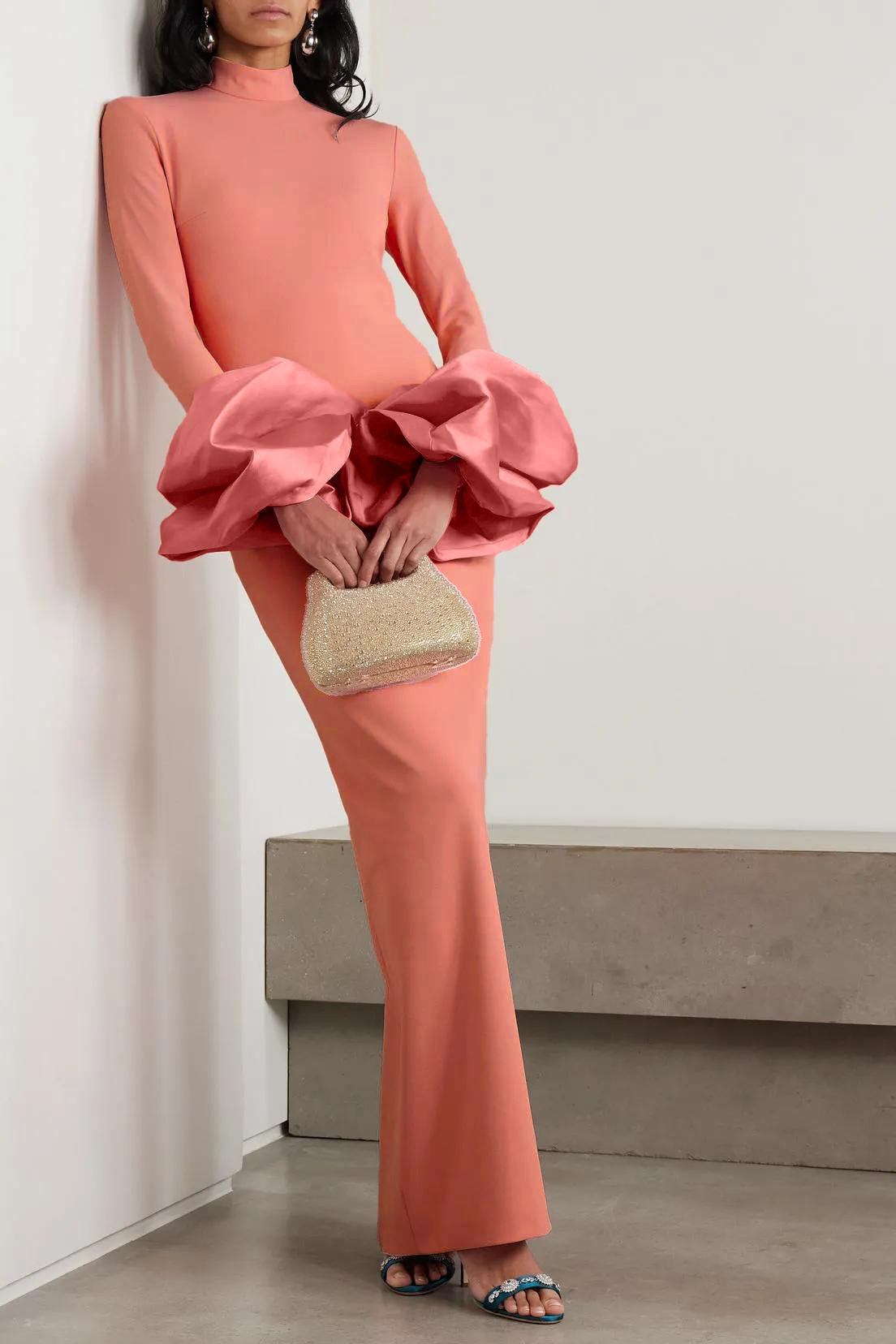 High Neck Faille-Trimmed Slit Midi Dress