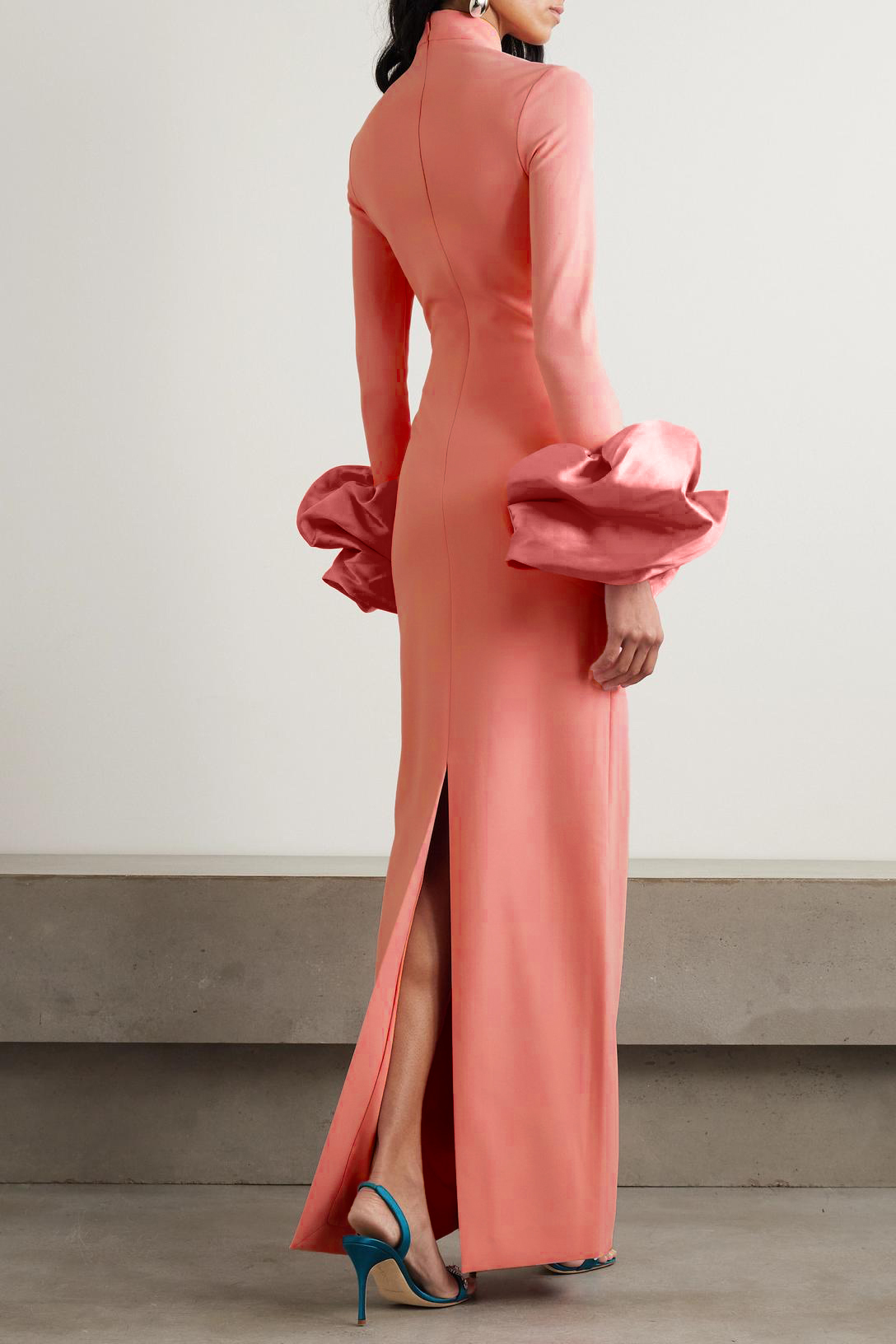 High Neck Faille-Trimmed Slit Midi Dress