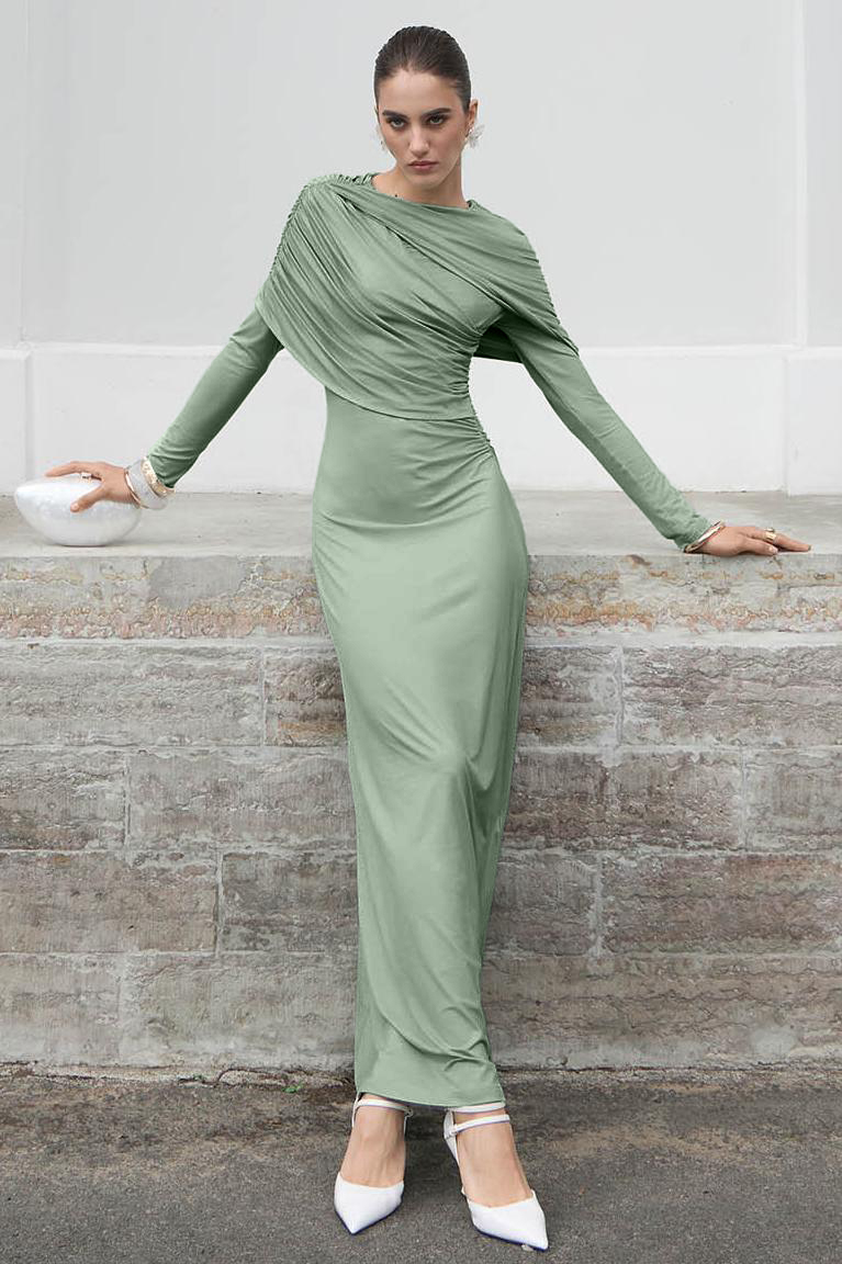 Solid Gathering Long Sleeve Maxi Dress