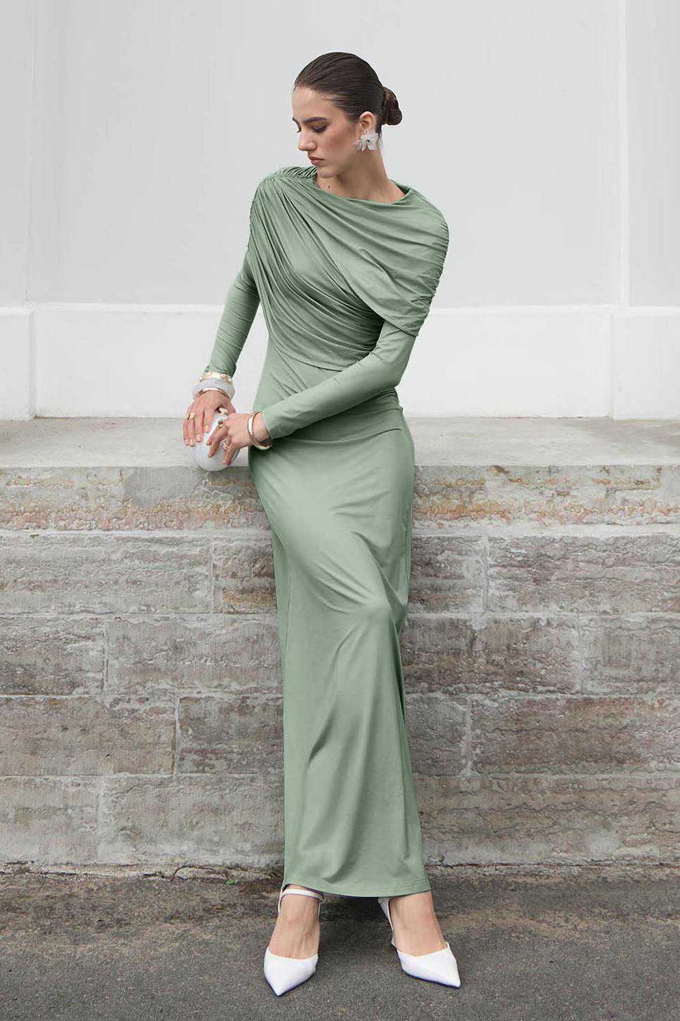 Solid Gathering Long Sleeve Maxi Dress