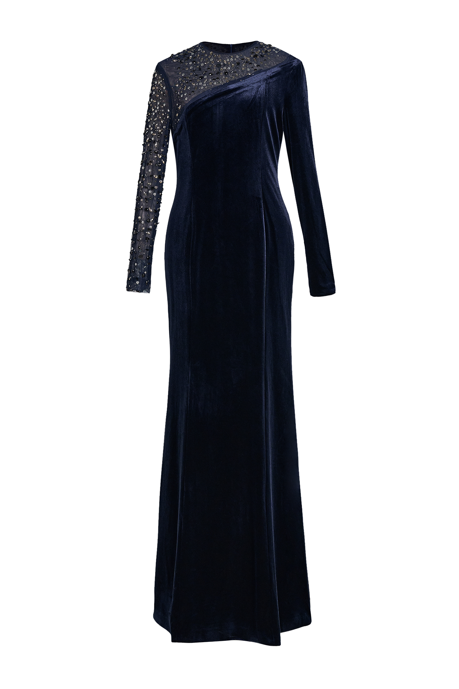 Velvet Rhinestone Rivets Asymmetrical Maxi Dress