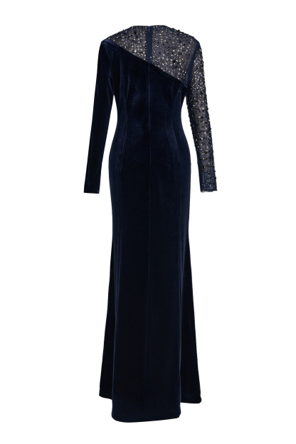 Velvet Rhinestone Rivets Asymmetrical Maxi Dress