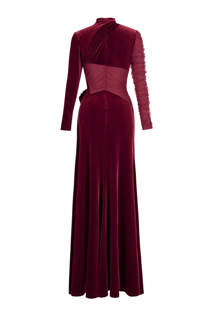 Velvet 3D Flower Ruched Maxi Dress