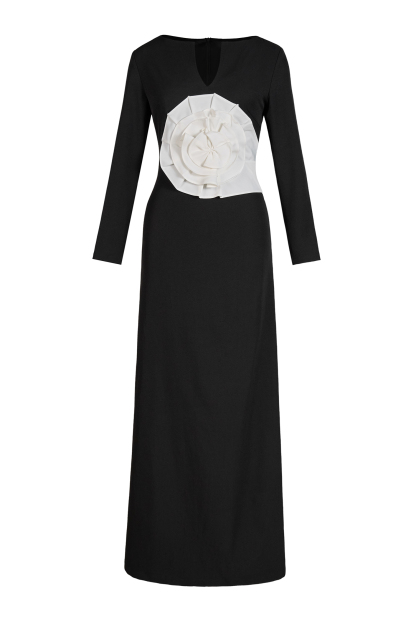 3D Flower Solid Long Sleeve Maxi Dress