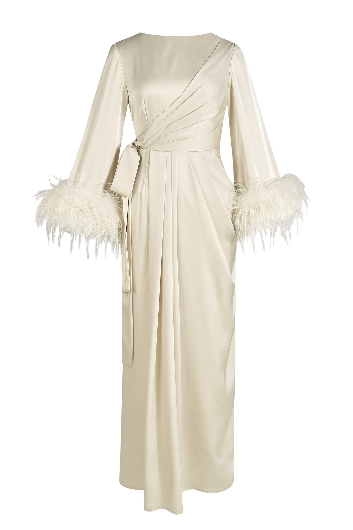 Satin Lace-Up Feather-Trimmed Pleated Maxi Dress