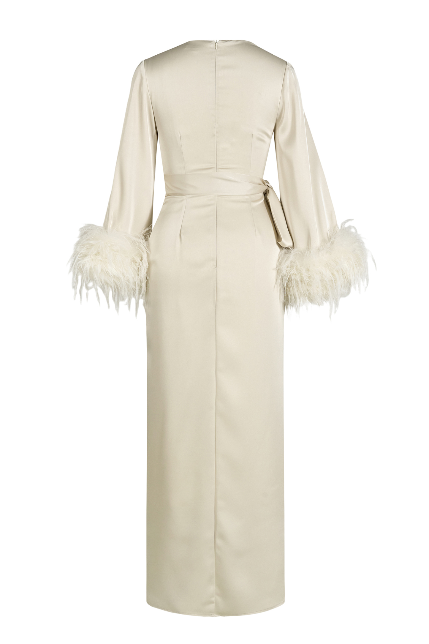 Satin Lace-Up Feather-Trimmed Pleated Maxi Dress