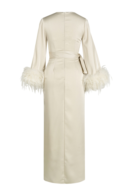 Satin Lace-Up Feather-Trimmed Pleated Maxi Dress