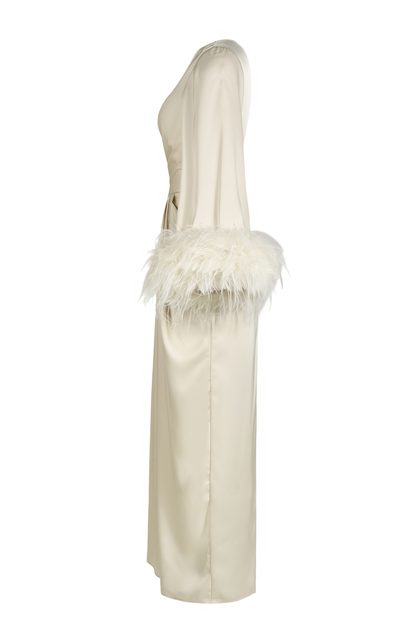 Satin Lace-Up Feather-Trimmed Pleated Maxi Dress