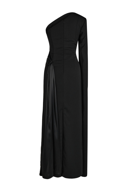 Satin Splicing Asymmetrical Sleeve Maxi Dress