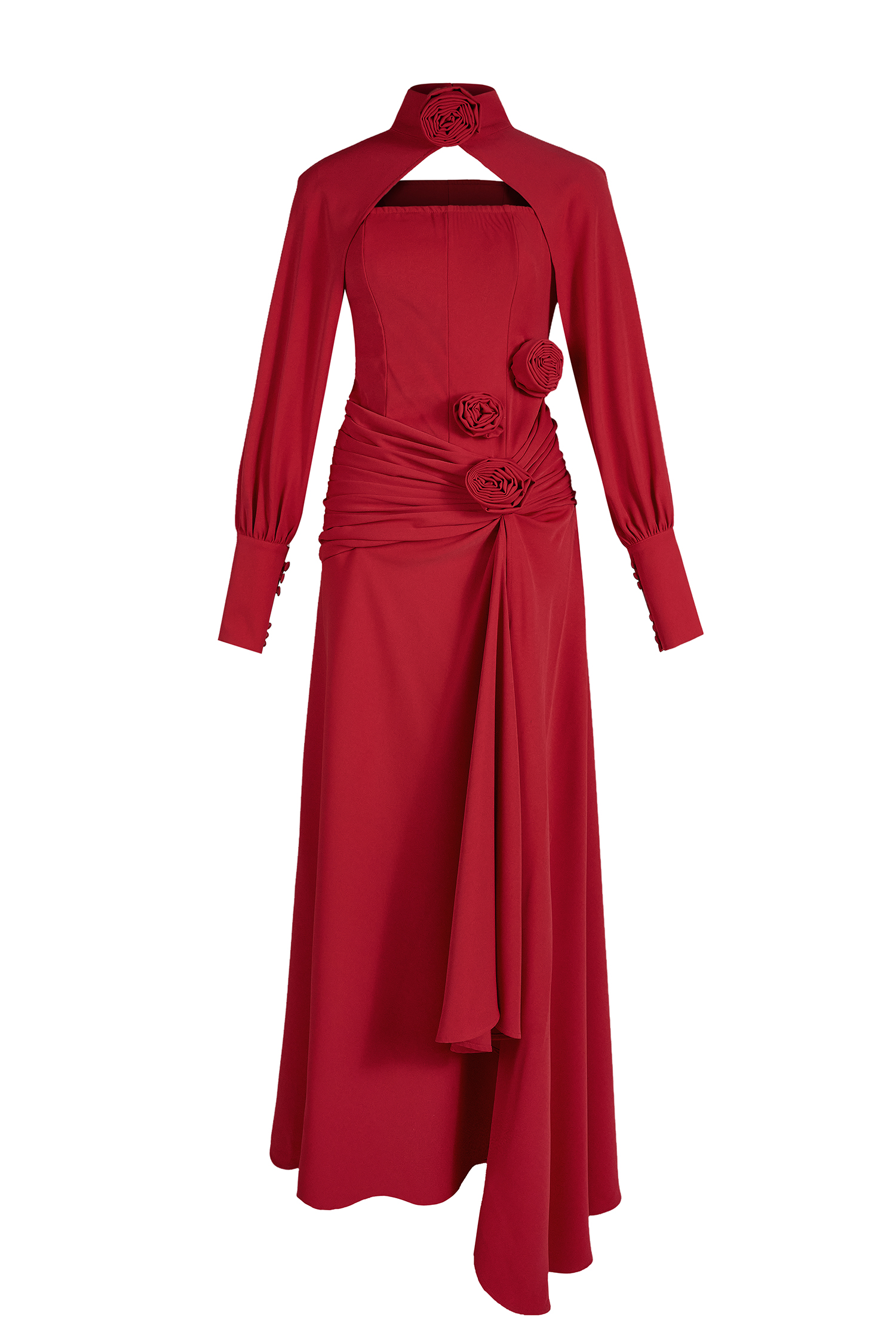 3D Flower Ruched Maxi Dress With Cape