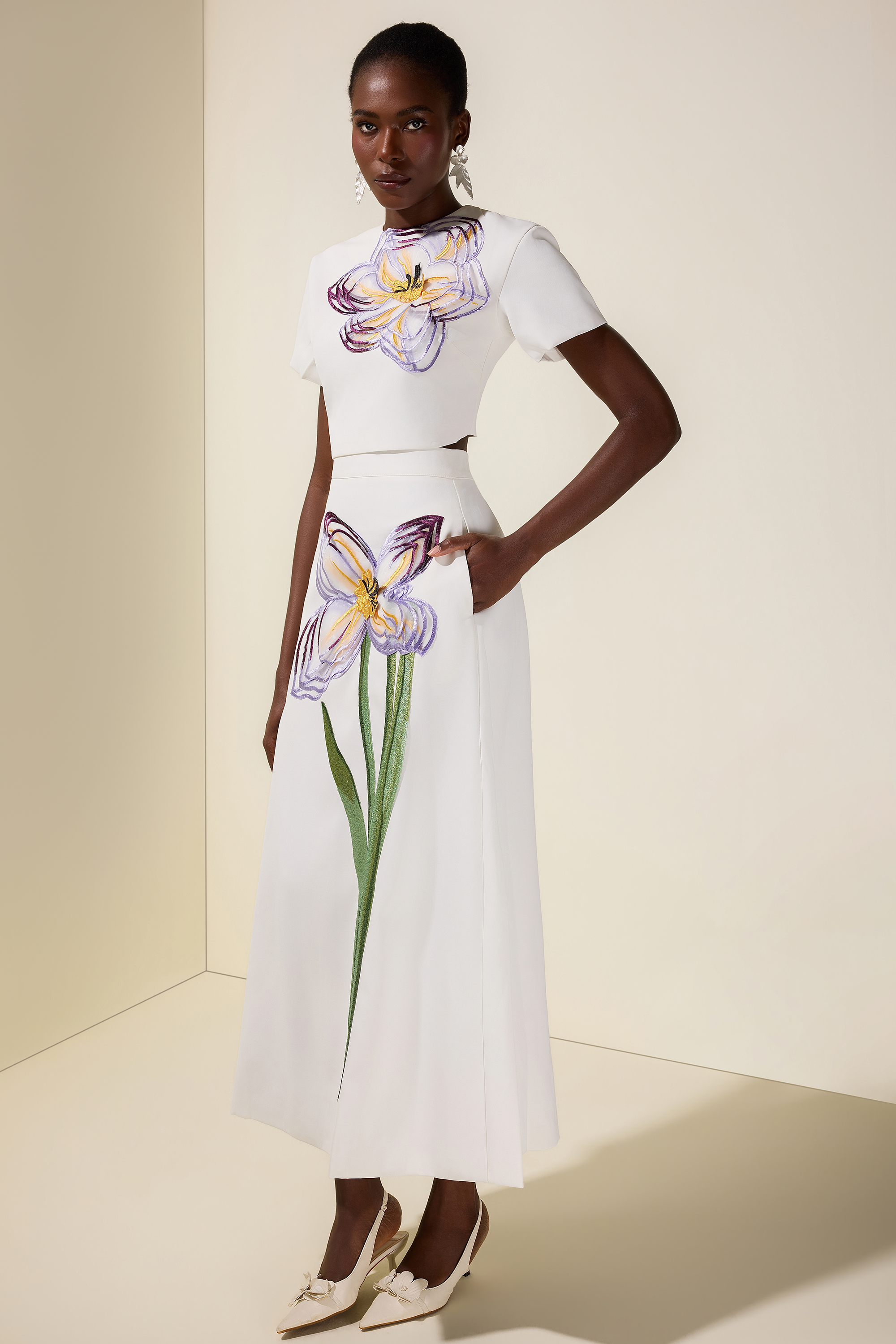 Appliquéd Round Neck Top & Maxi Skirt Set