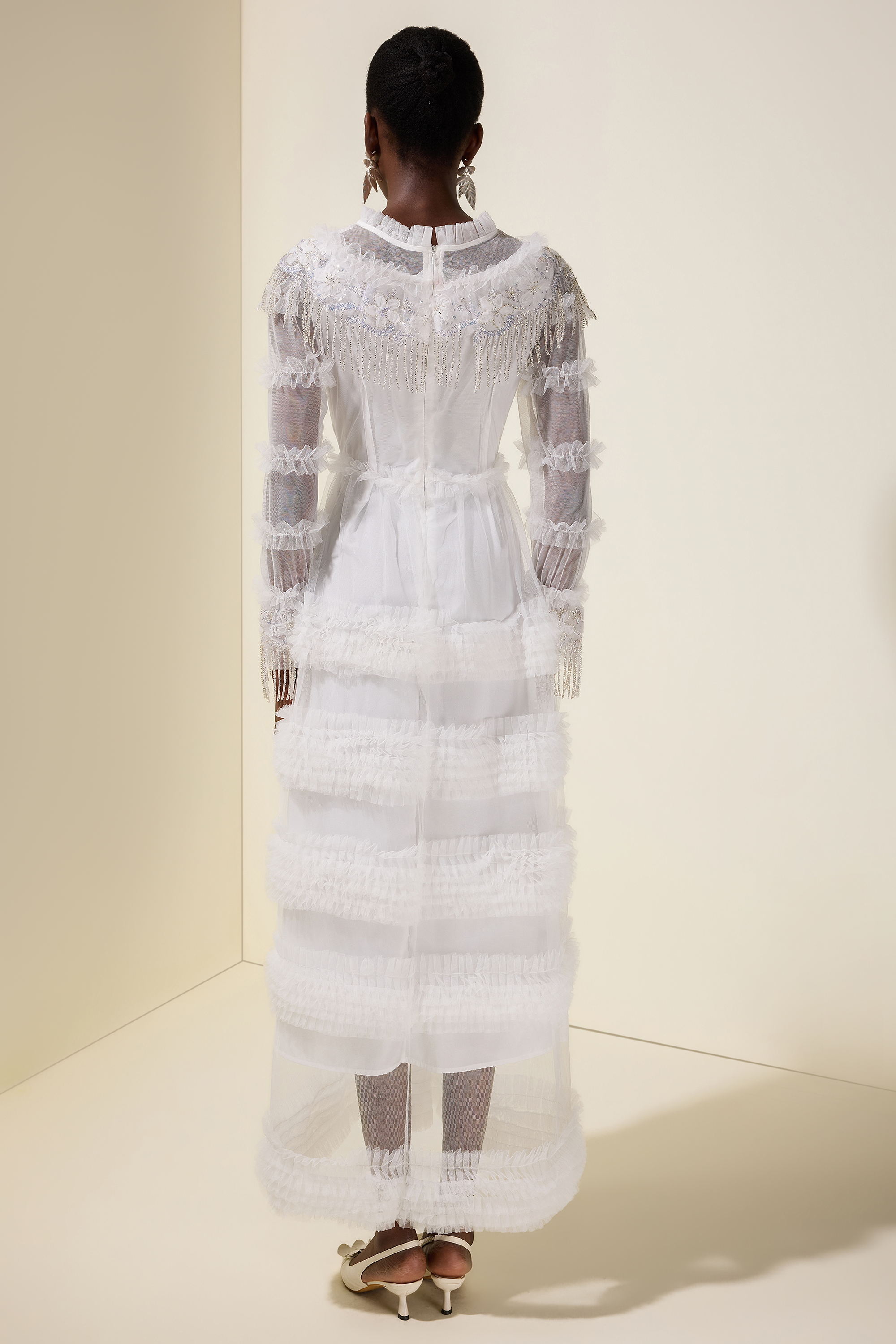 Beaded Frill Round Neck Midi Dress