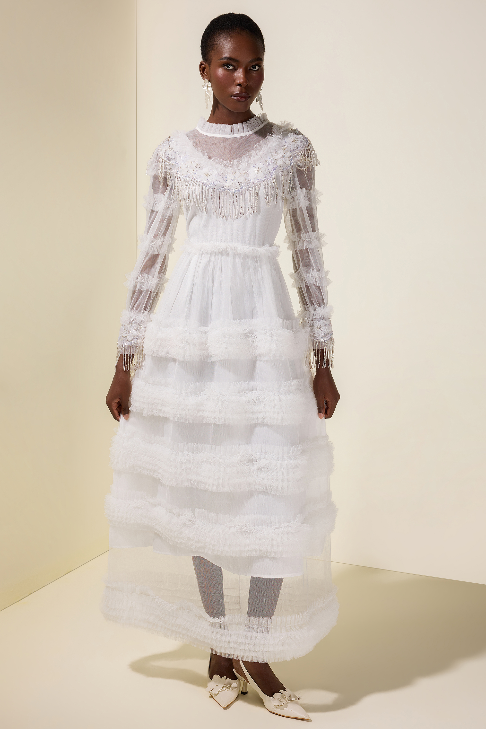 Beaded Frill Round Neck Midi Dress