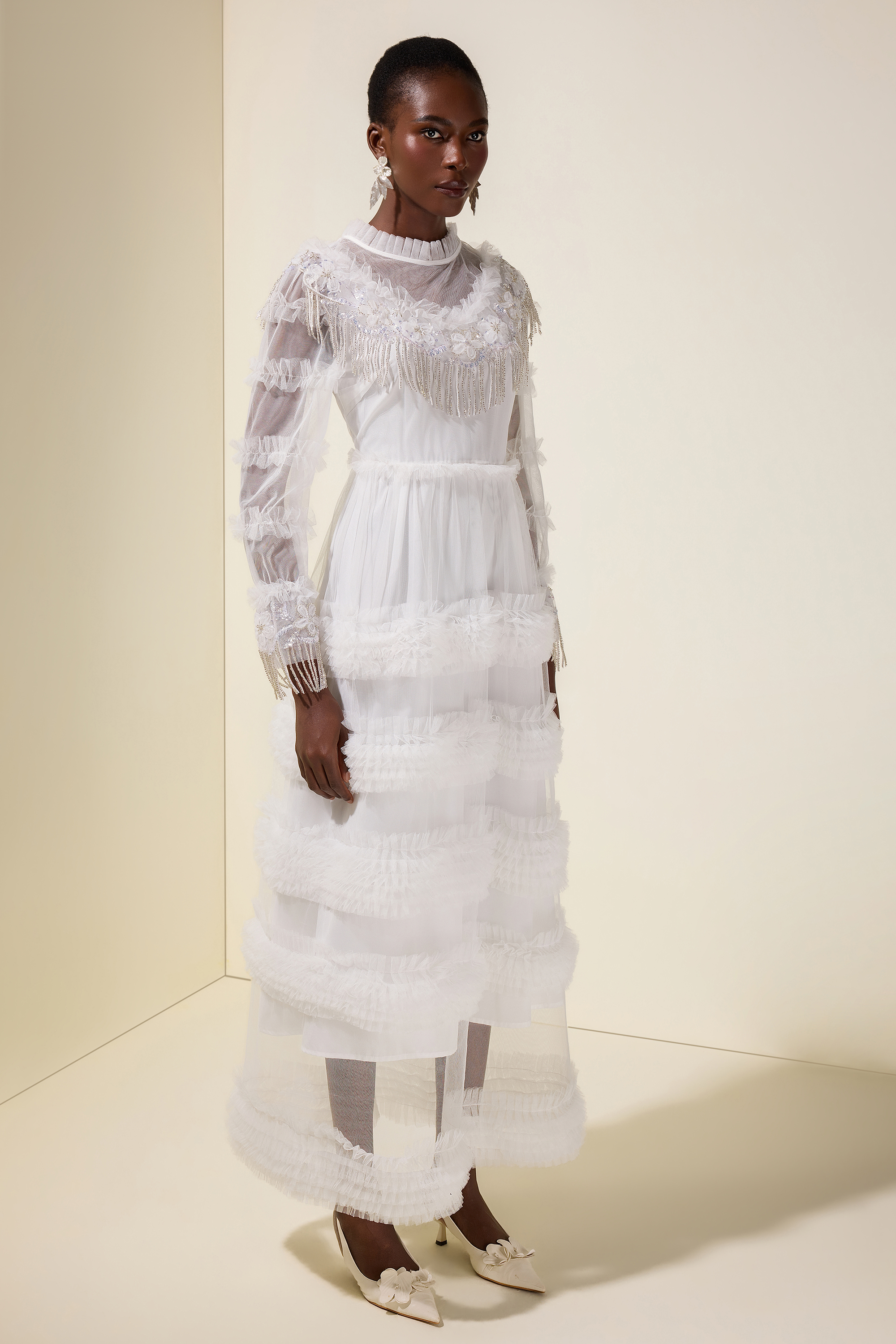 Beaded Frill Round Neck Midi Dress