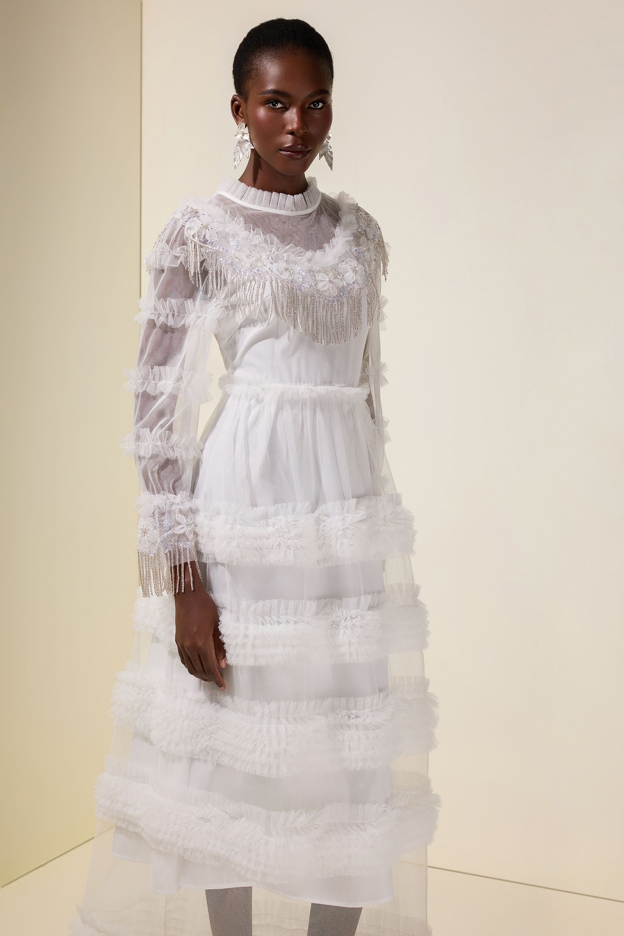 Beaded Frill Round Neck Midi Dress