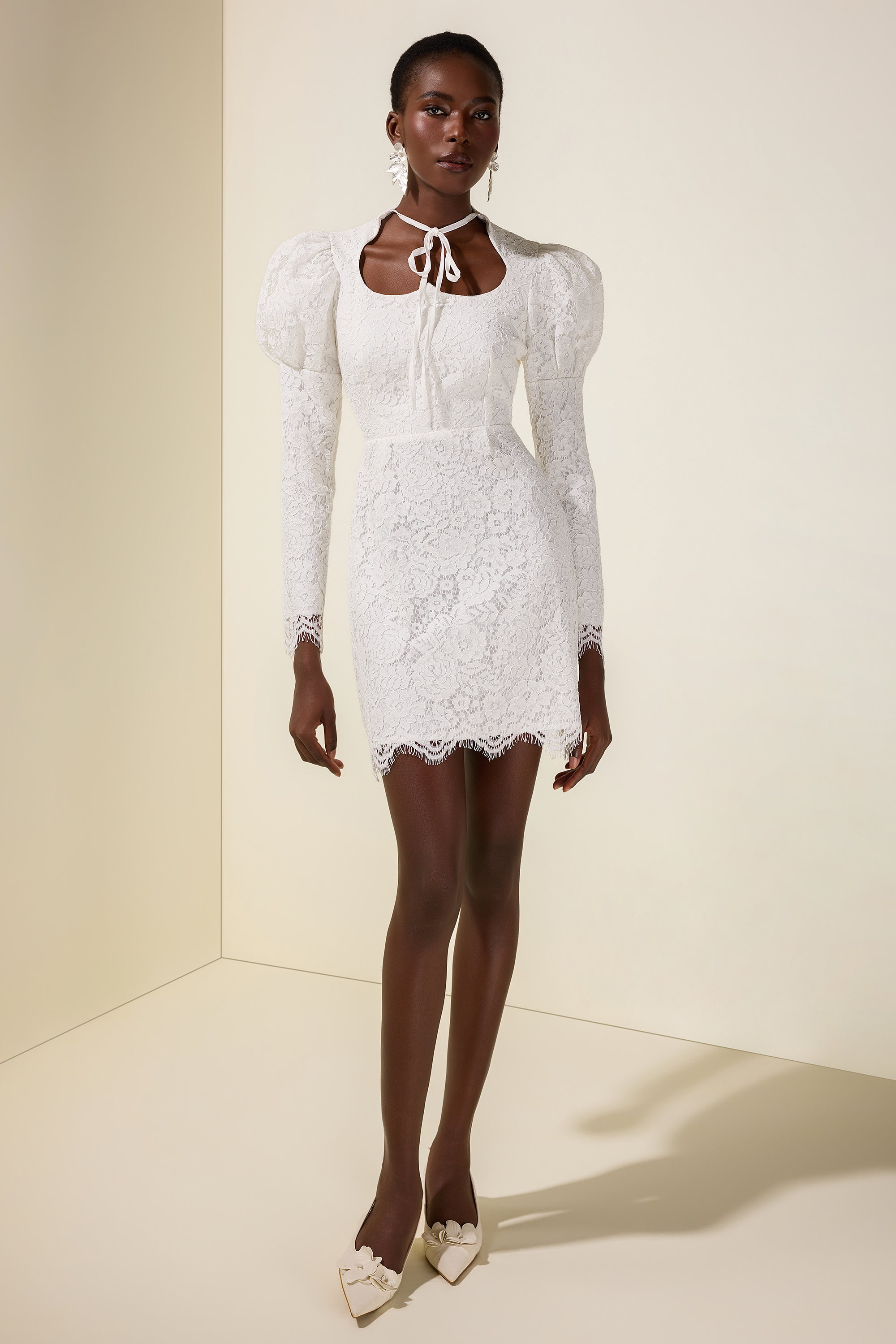 Lace Puff Sleeve Lace-Up Mini Dress