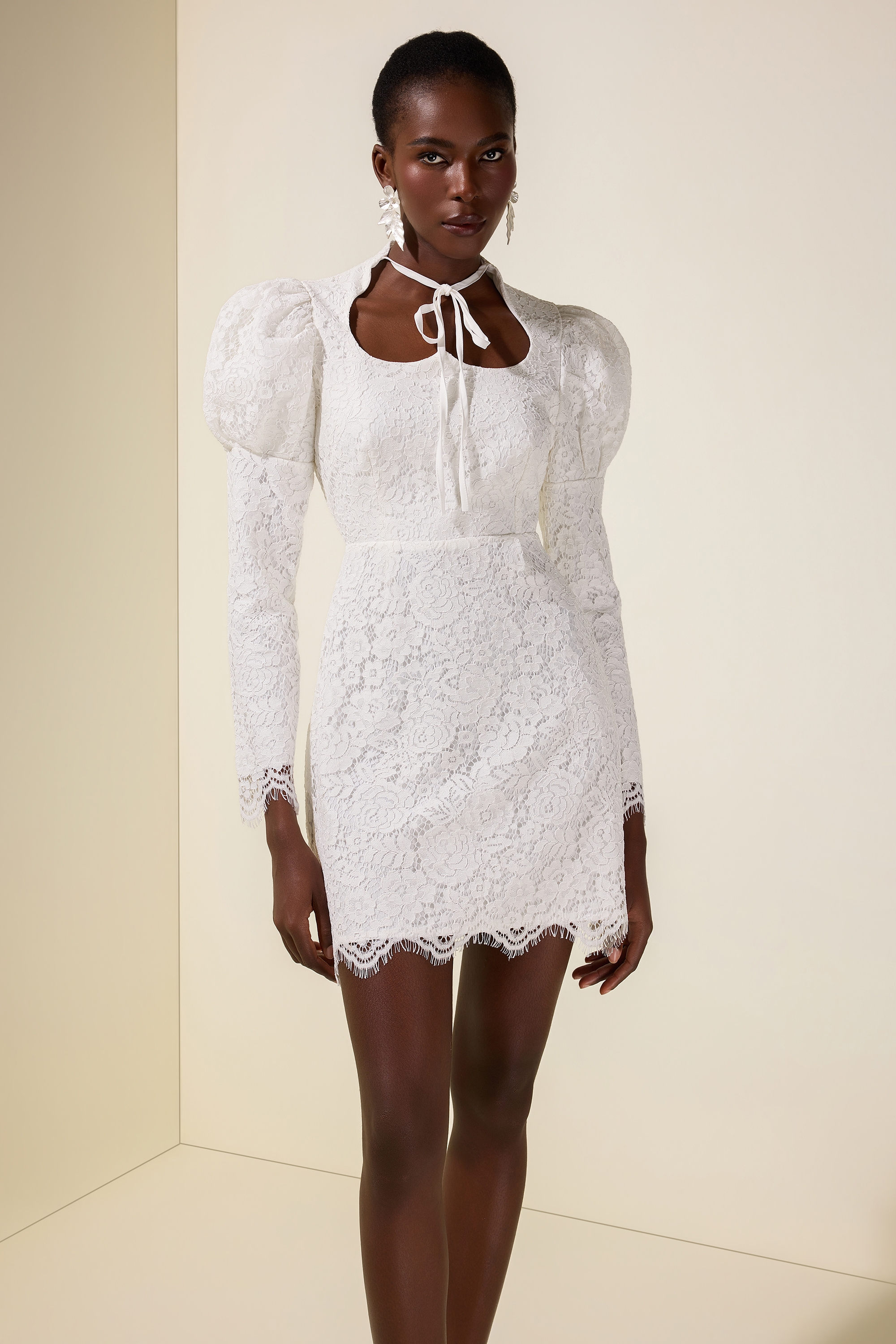 Lace Puff Sleeve Lace-Up Mini Dress