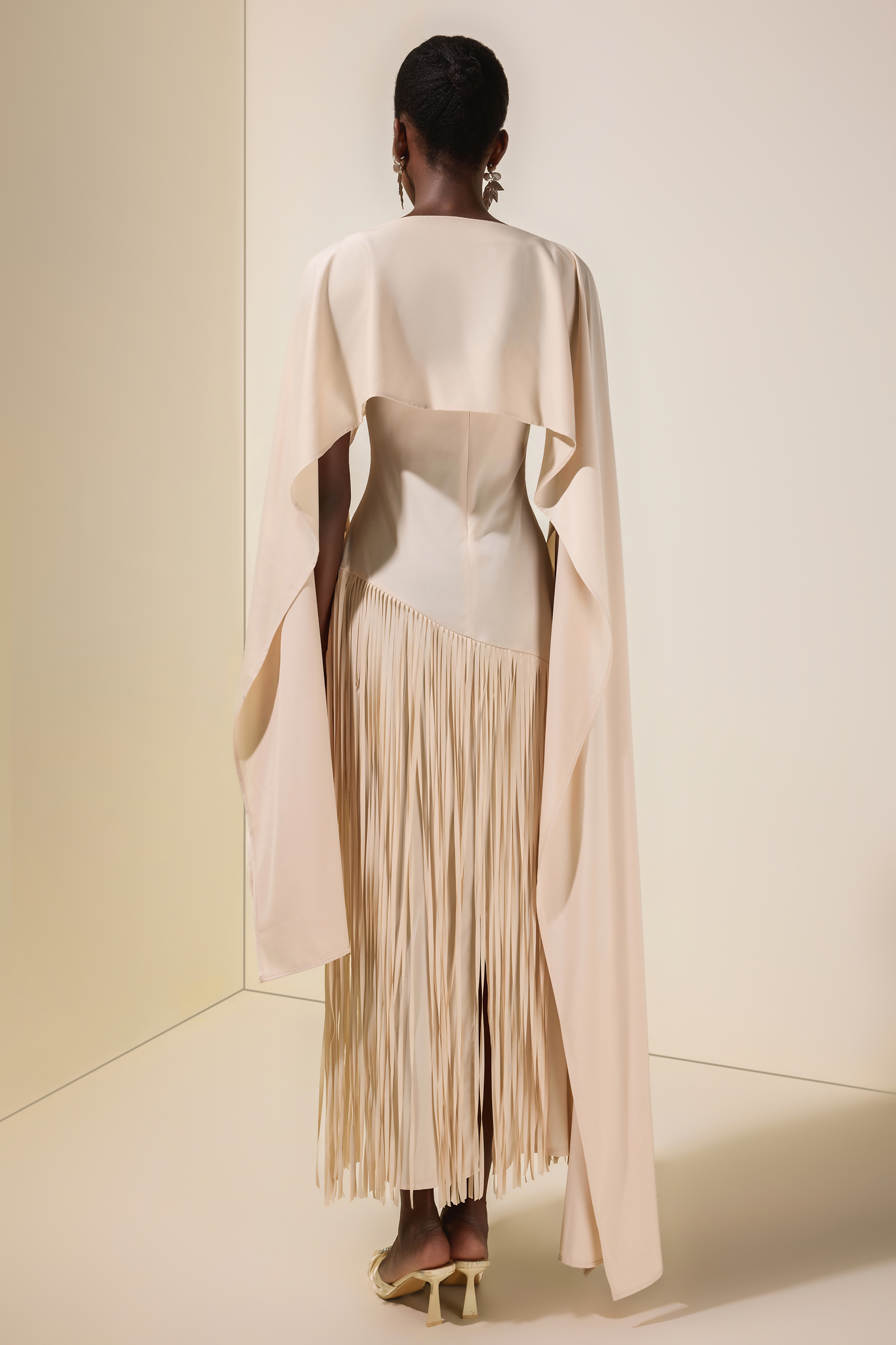 Solid Satin Tassel Maxi Dress With Cape