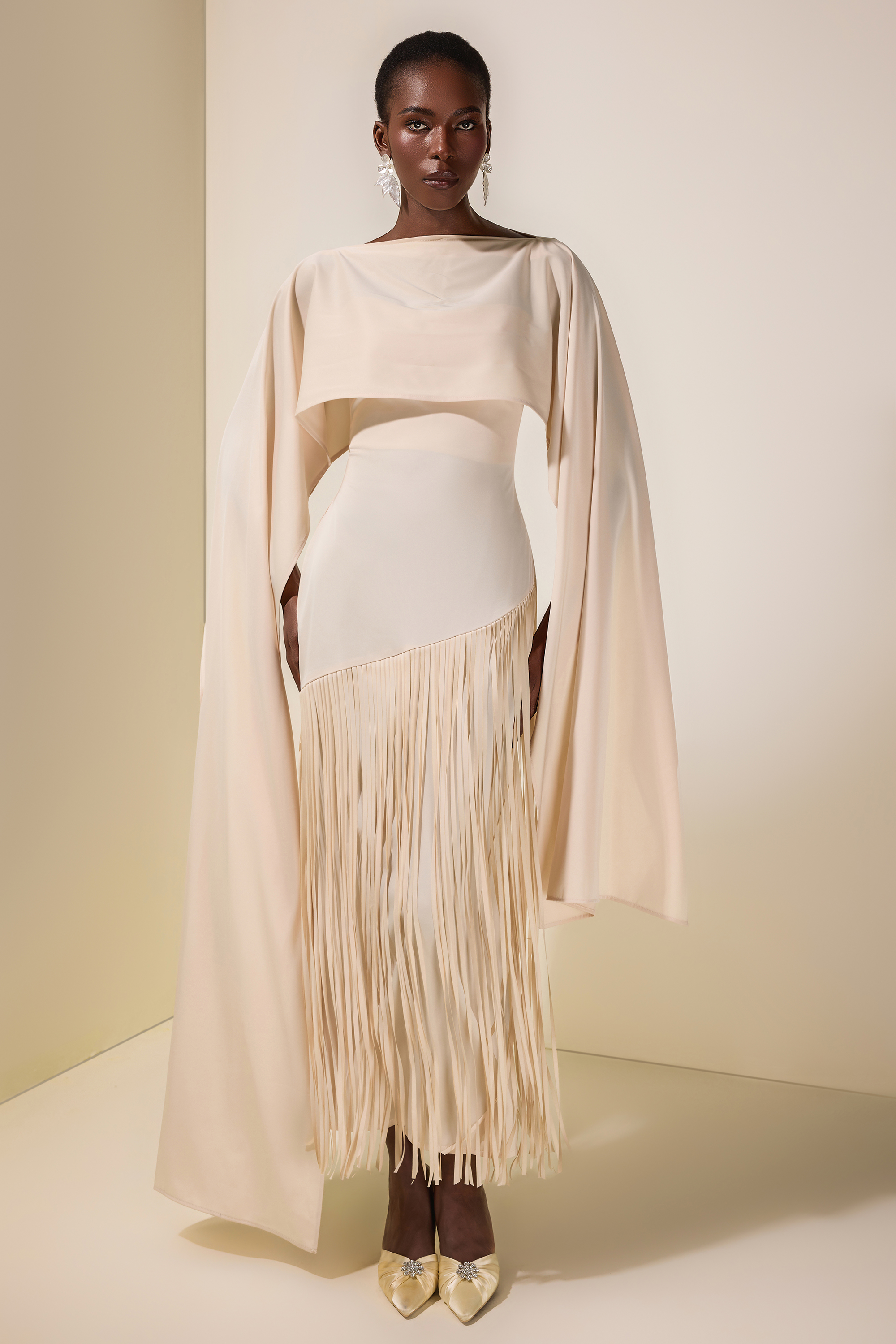 Solid Satin Tassel Maxi Dress With Cape