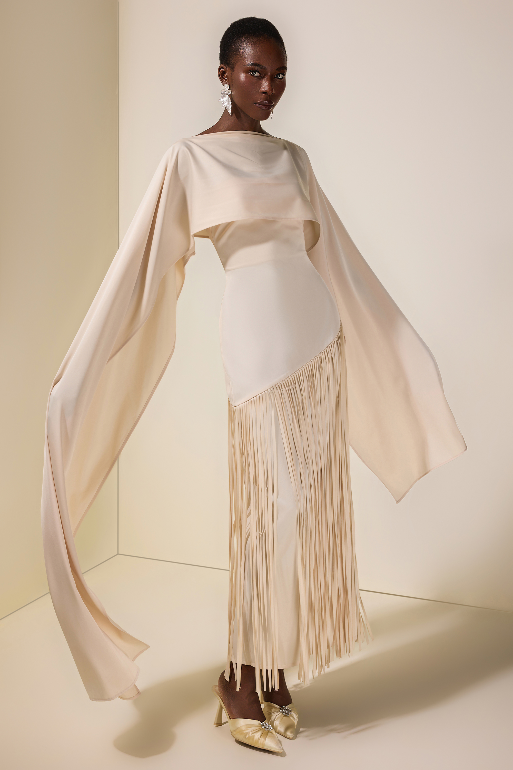 Solid Satin Tassel Maxi Dress With Cape
