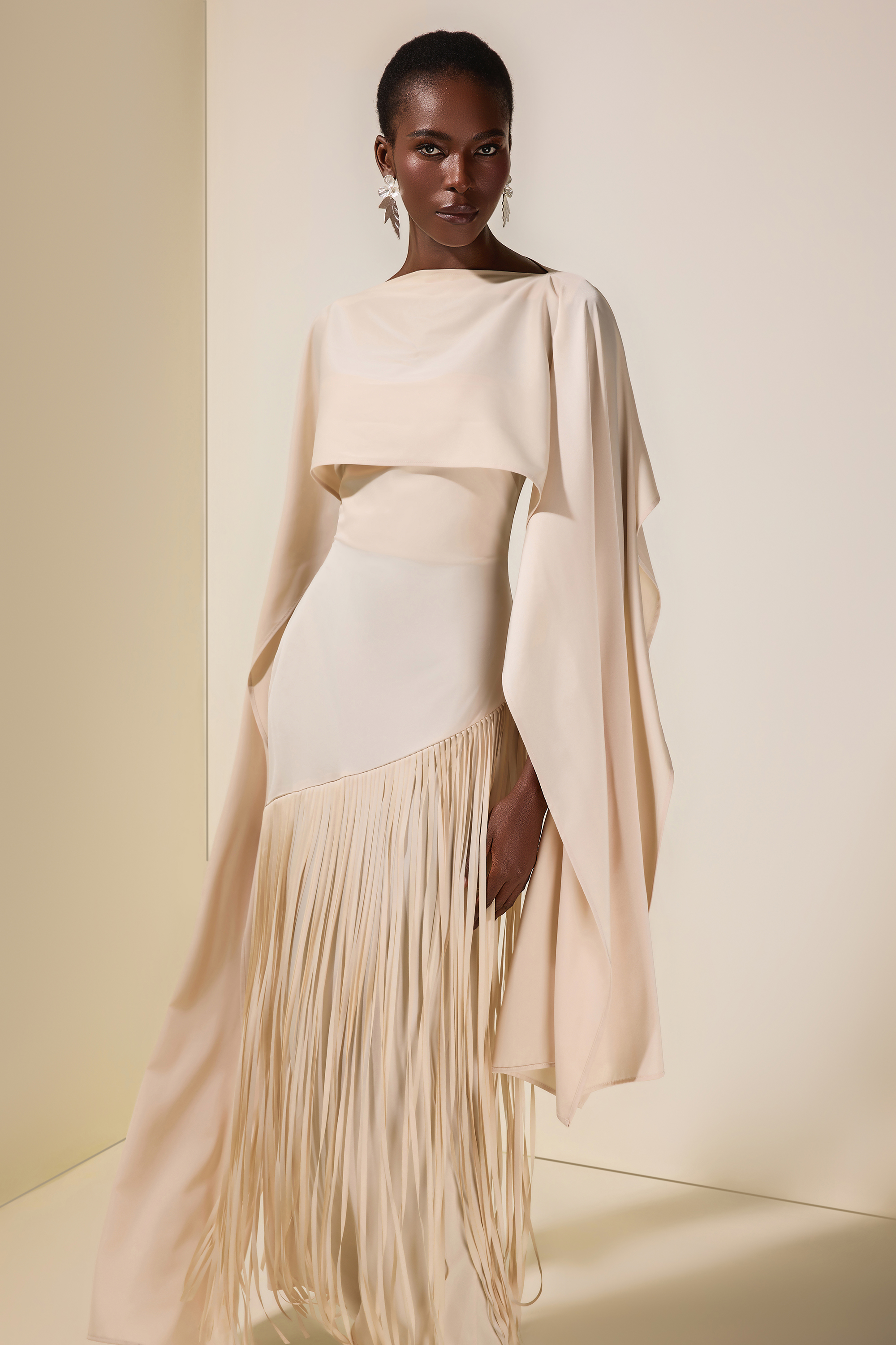 Solid Satin Tassel Maxi Dress With Cape