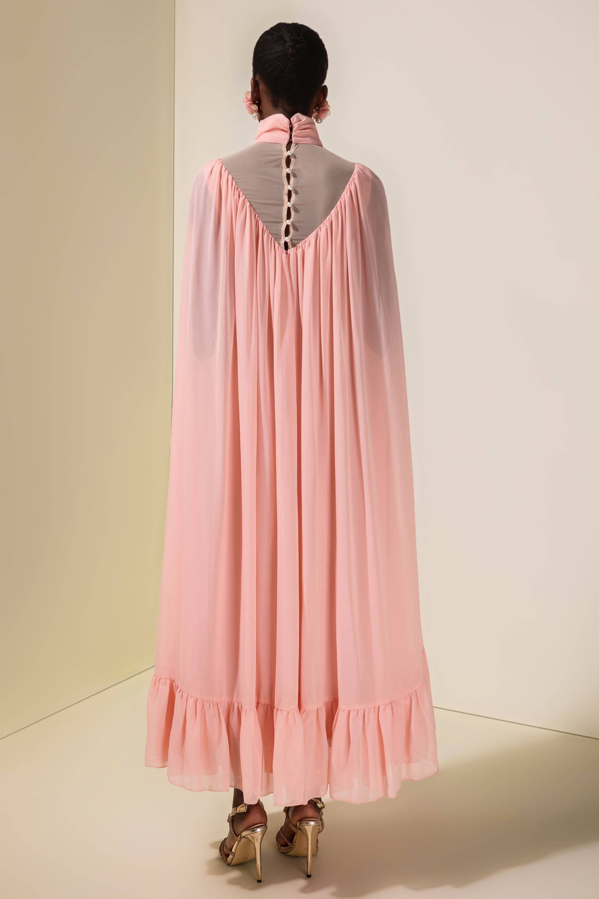 Chiffon Ruffle Cape Sleeve Maxi Dress
