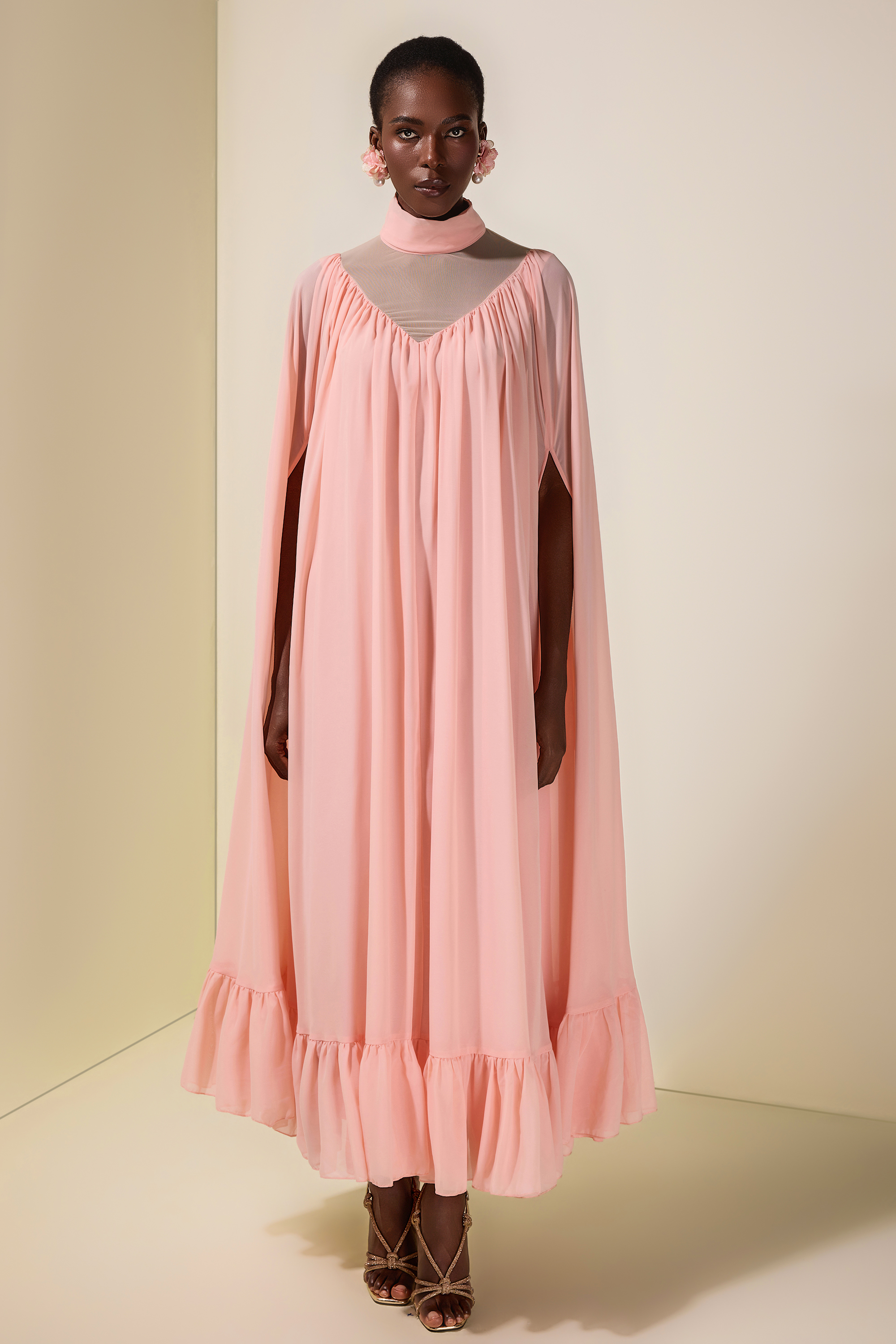 Chiffon Ruffle Cape Sleeve Maxi Dress