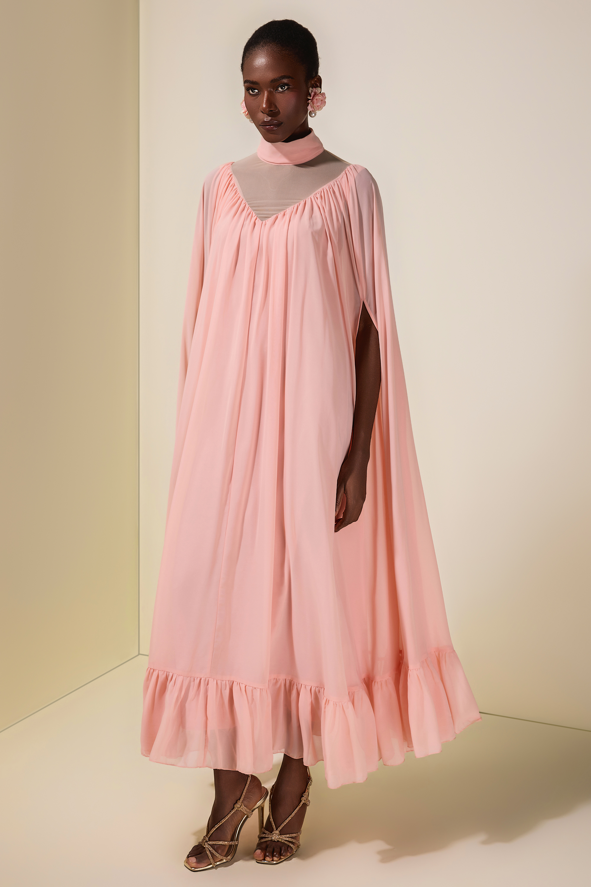 Chiffon Ruffle Cape Sleeve Maxi Dress