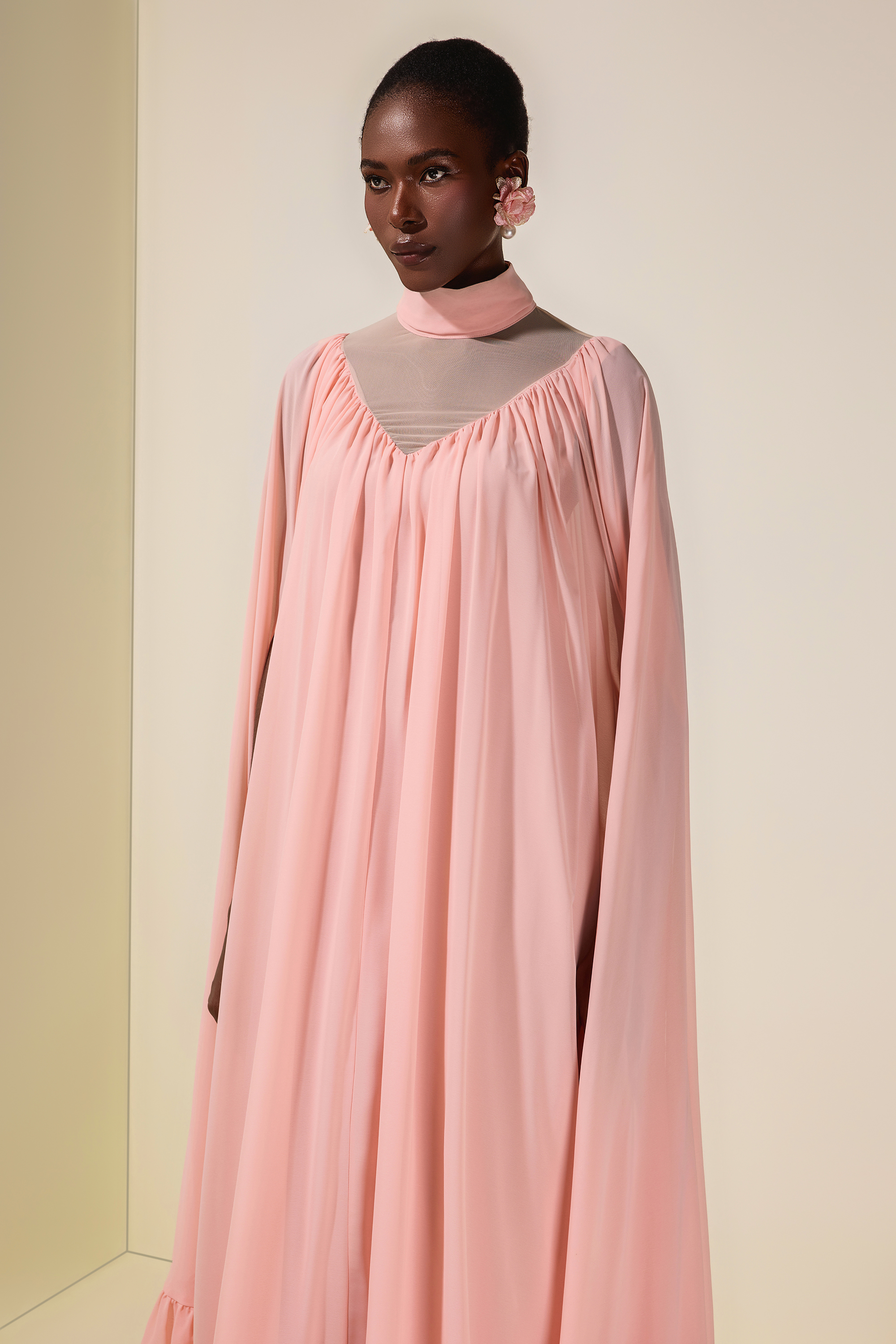 Chiffon Ruffle Cape Sleeve Maxi Dress