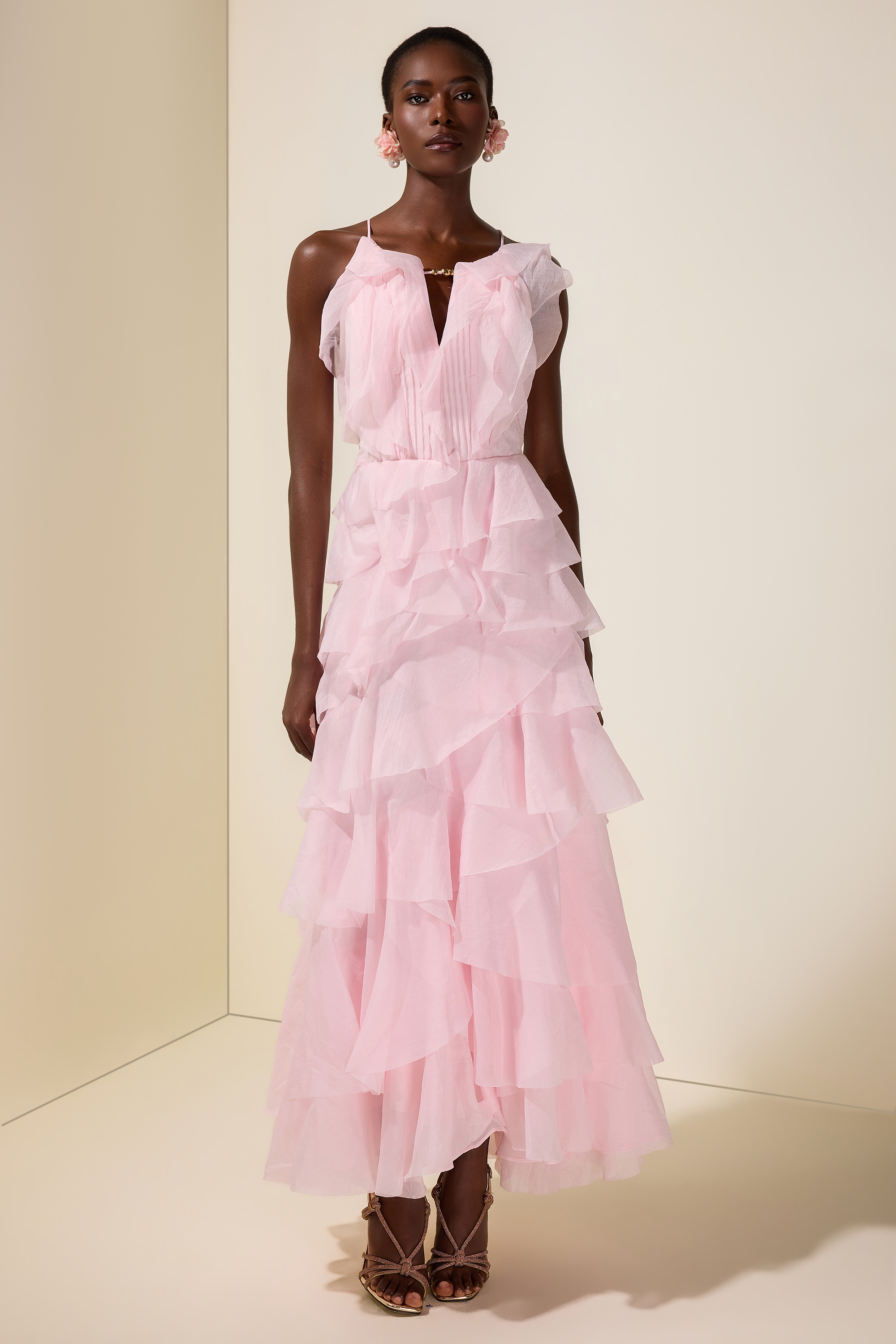 Ruffle Solid Slip Maxi Dress