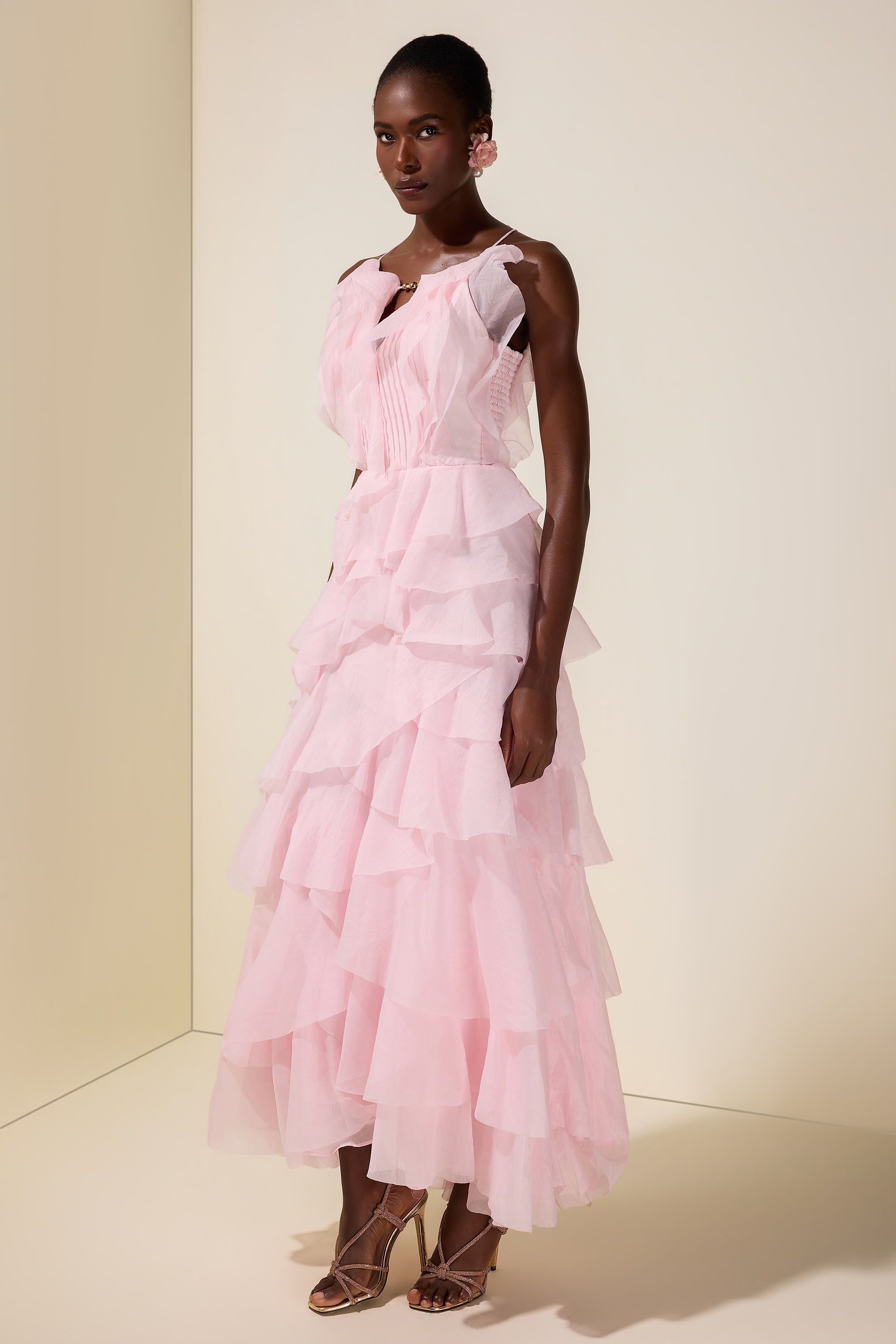 Ruffle Solid Slip Maxi Dress