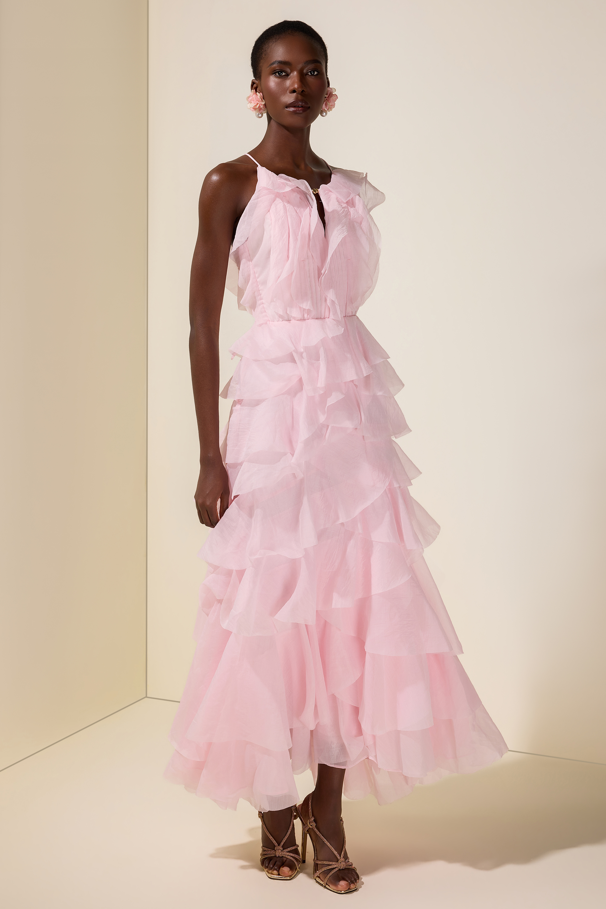 Ruffle Solid Slip Maxi Dress