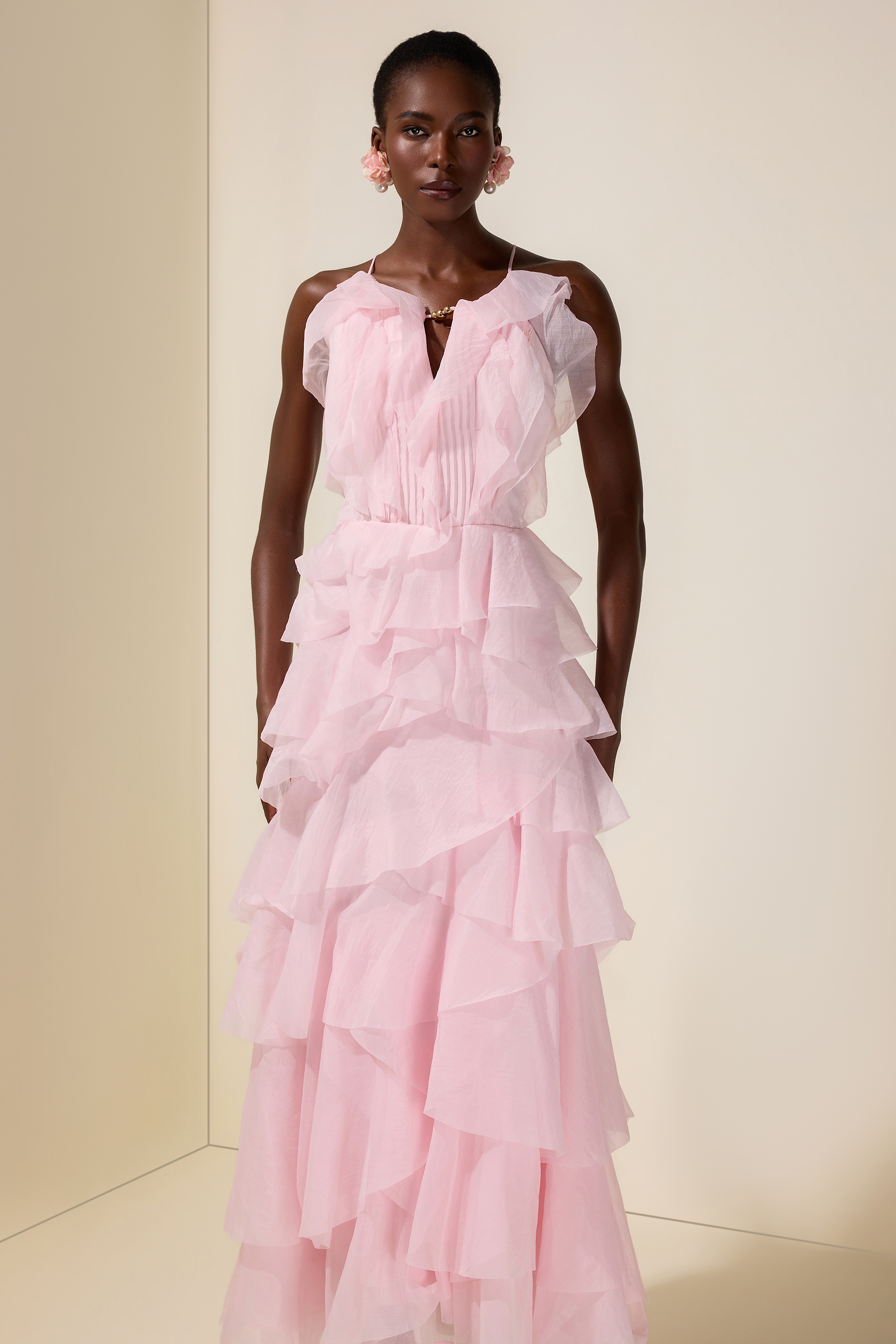 Ruffle Solid Slip Maxi Dress