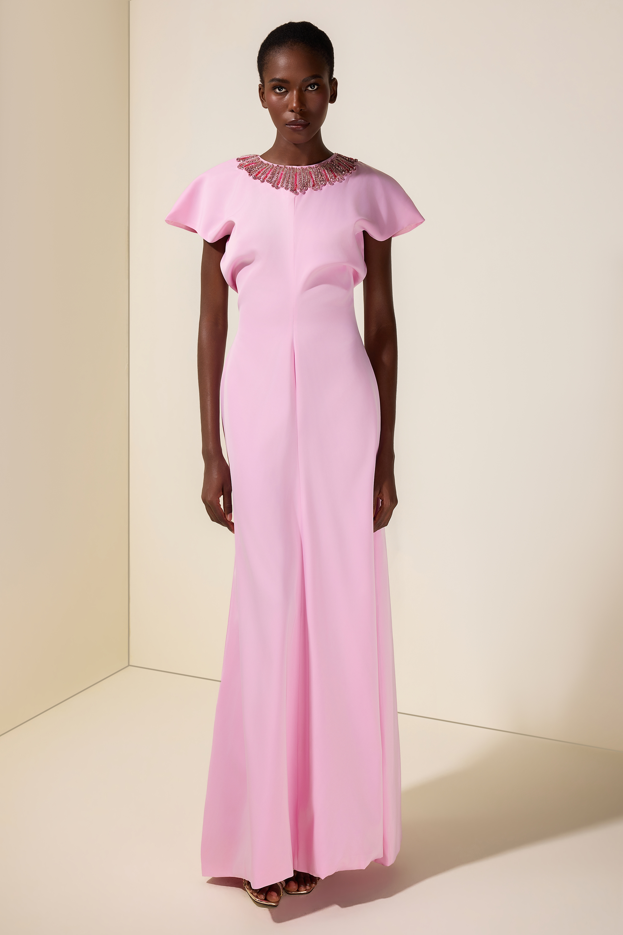 Nail Bead Embroidery Satin Batwing Sleeve Maxi Dress