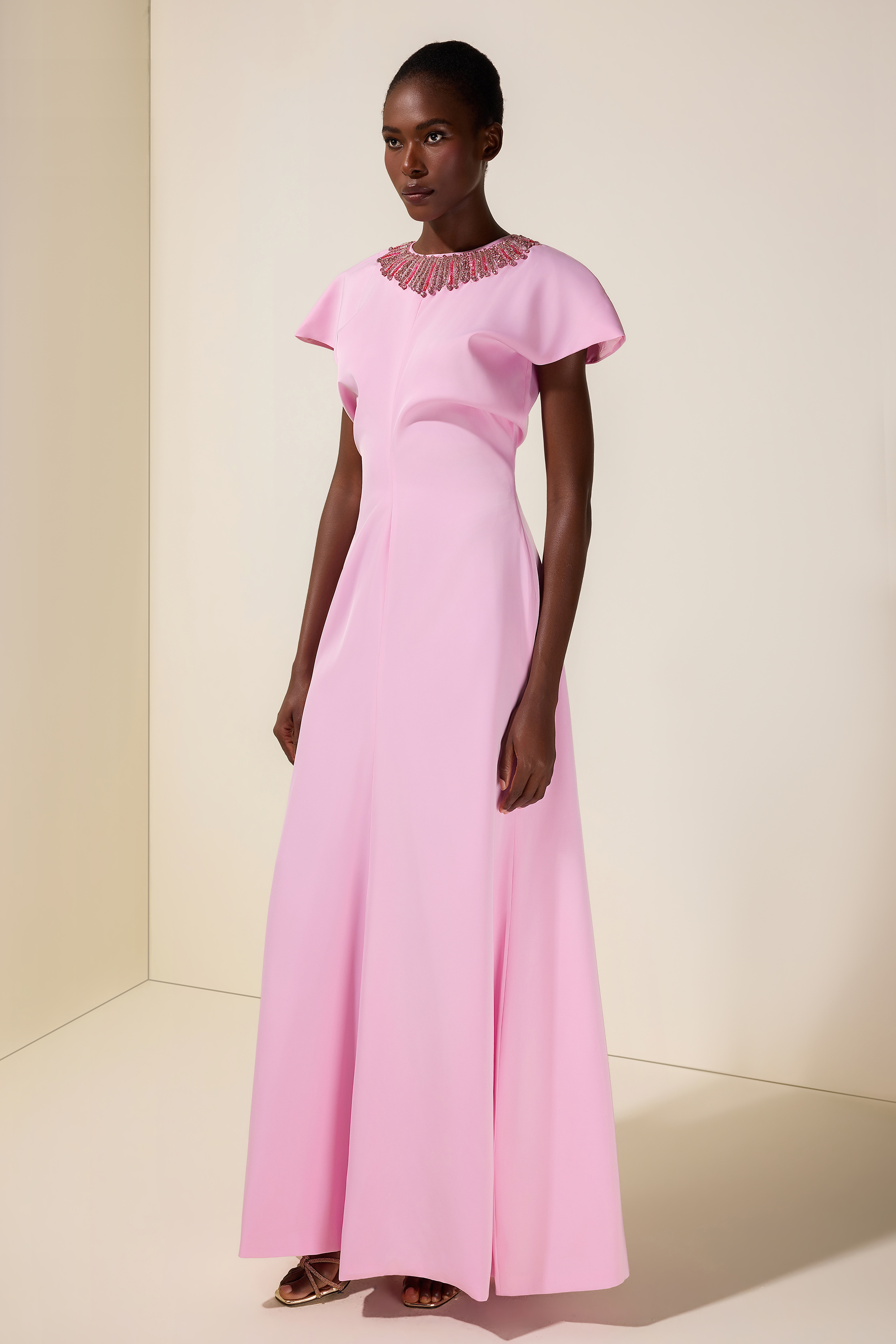 Nail Bead Embroidery Satin Batwing Sleeve Maxi Dress