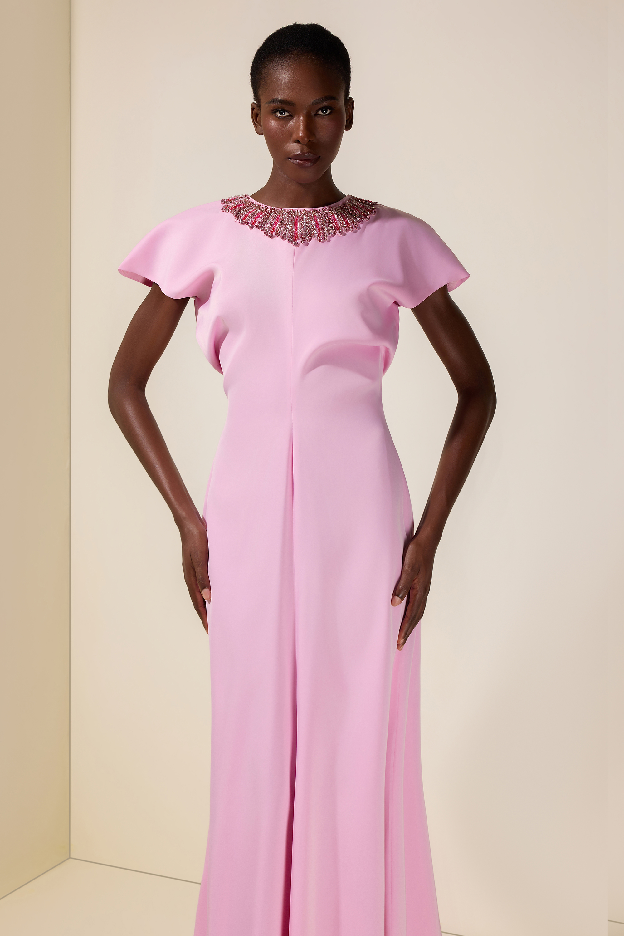 Nail Bead Embroidery Satin Batwing Sleeve Maxi Dress