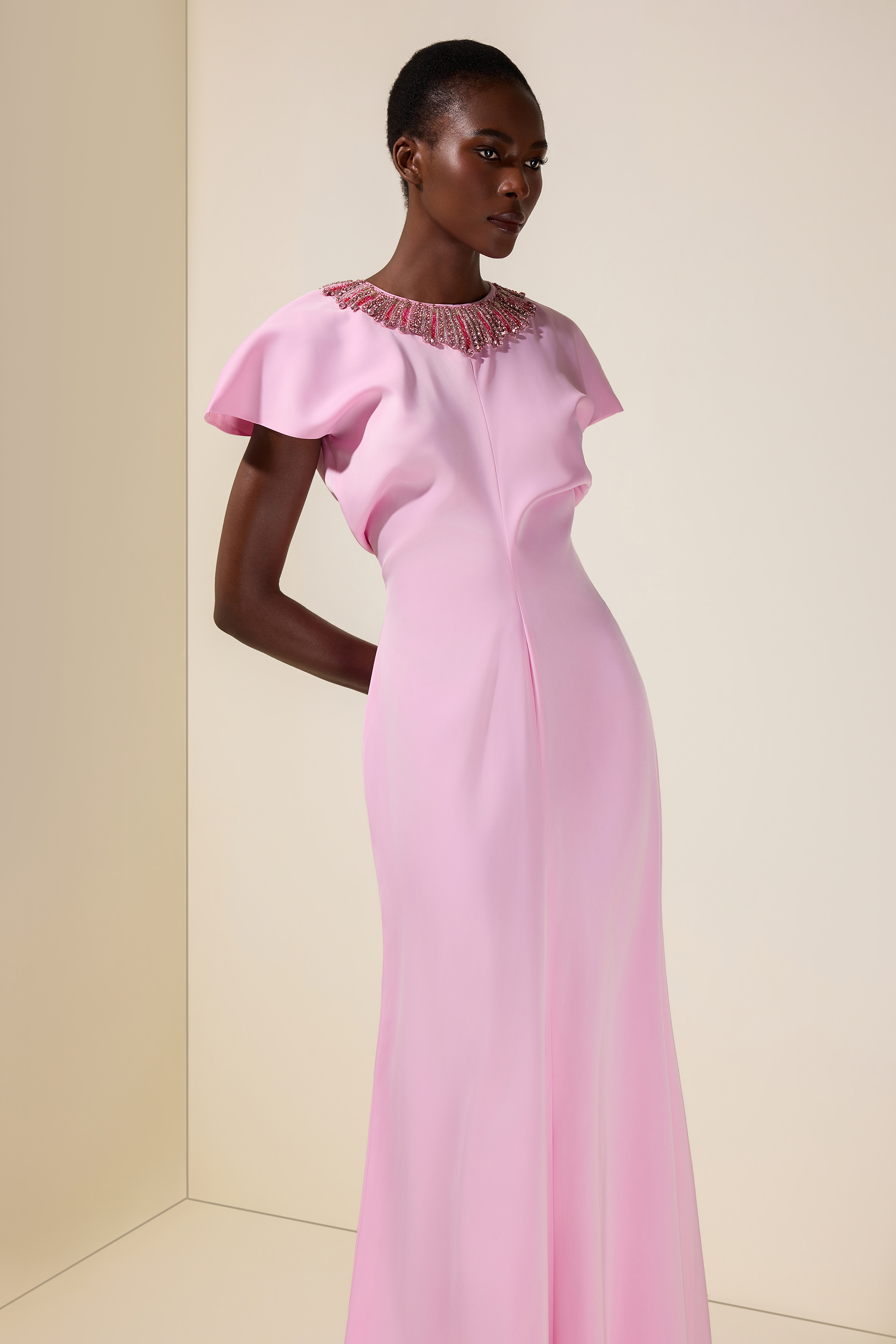 Nail Bead Embroidery Satin Batwing Sleeve Maxi Dress