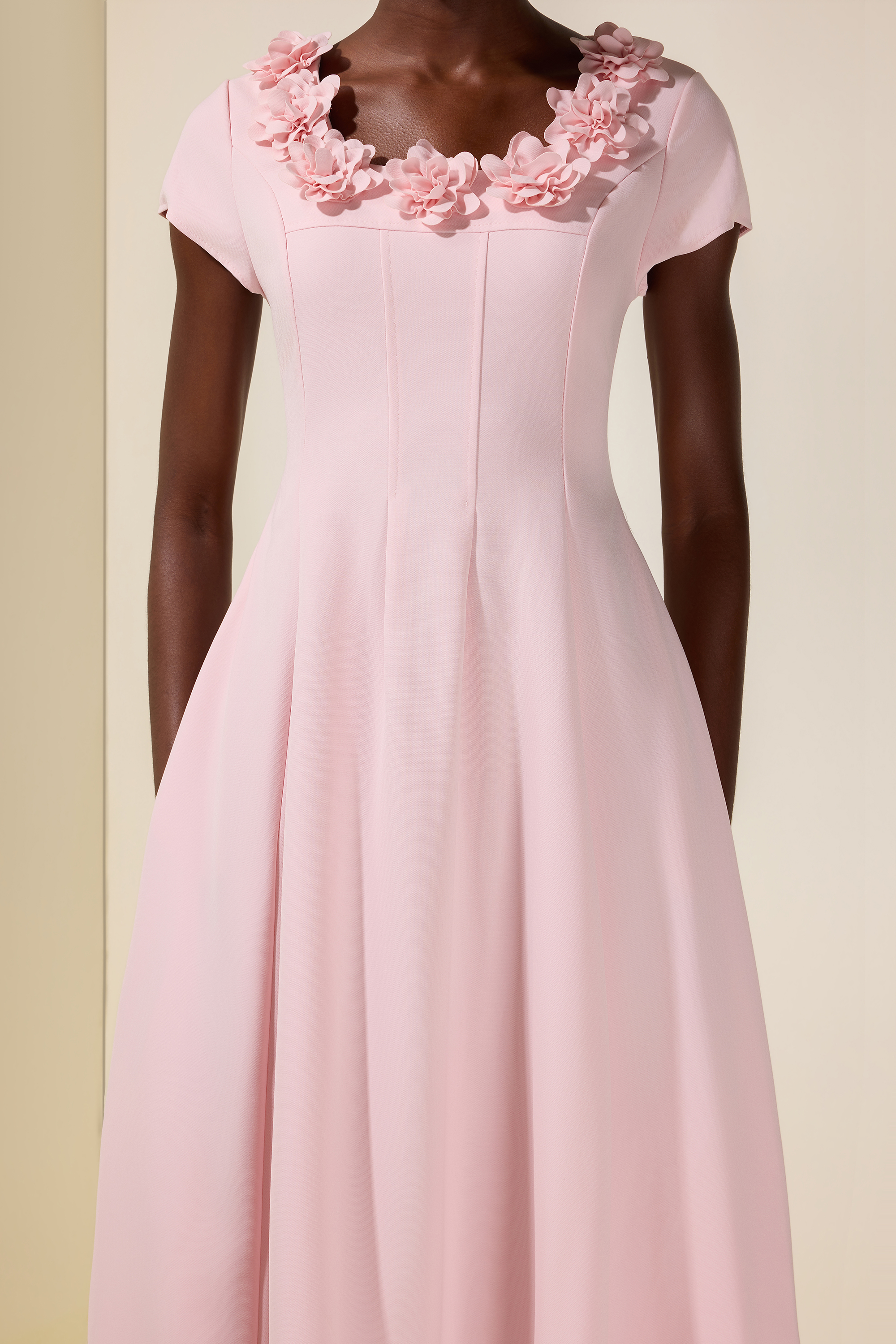 3D Flower Round Neck Midi Dress