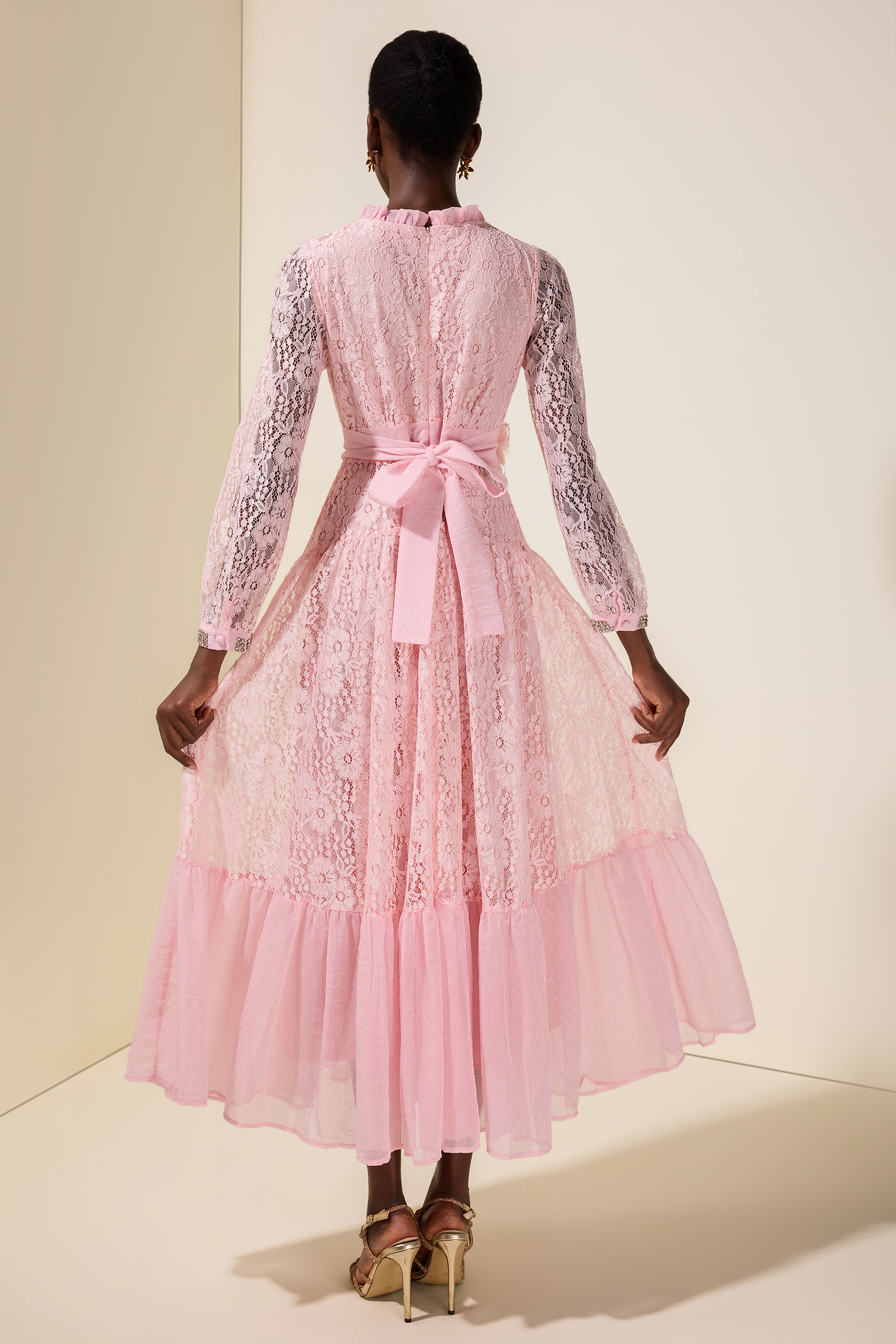 Lace 3D Flower Rhinestone Rivets Midi Dress