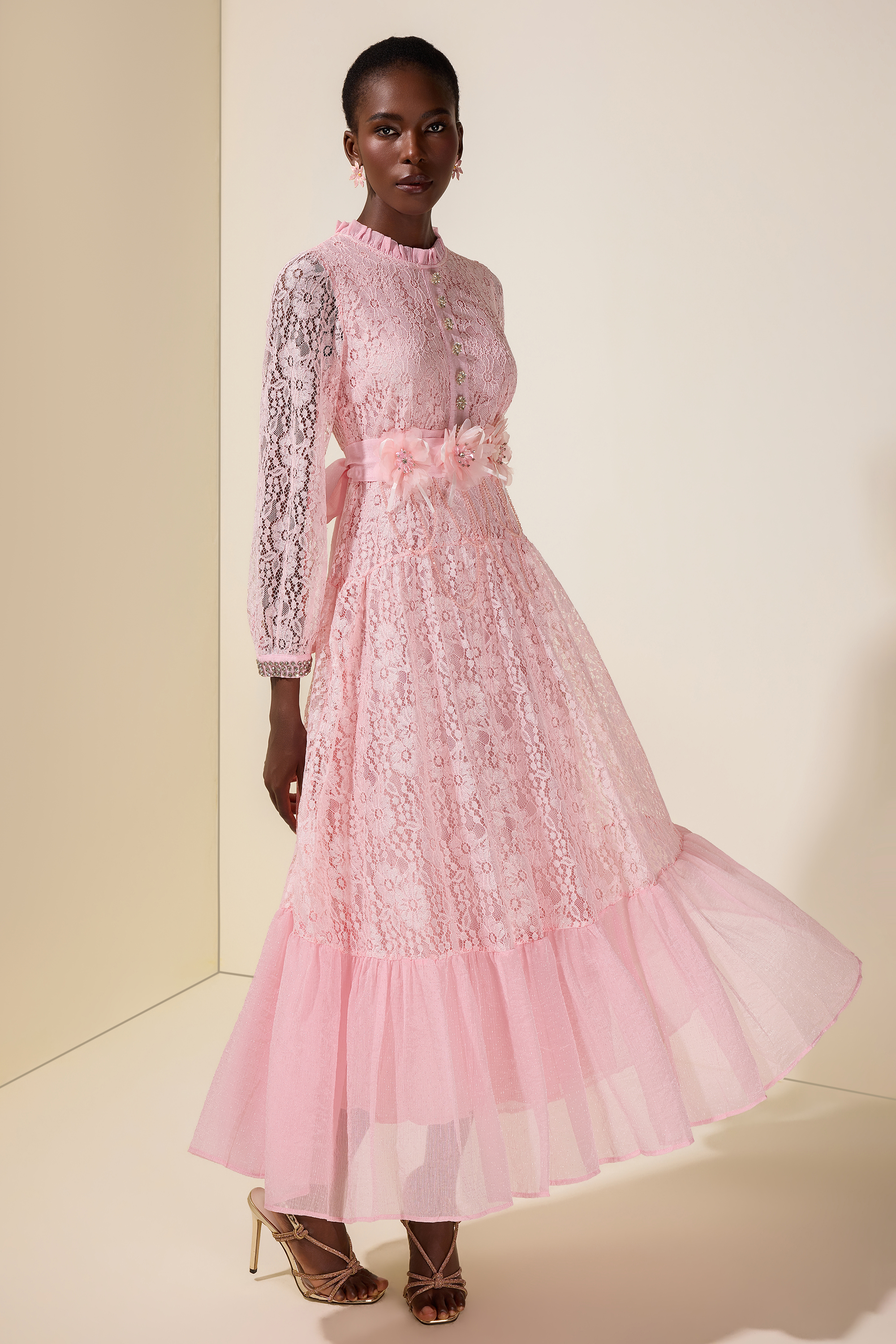 Lace 3D Flower Rhinestone Rivets Midi Dress