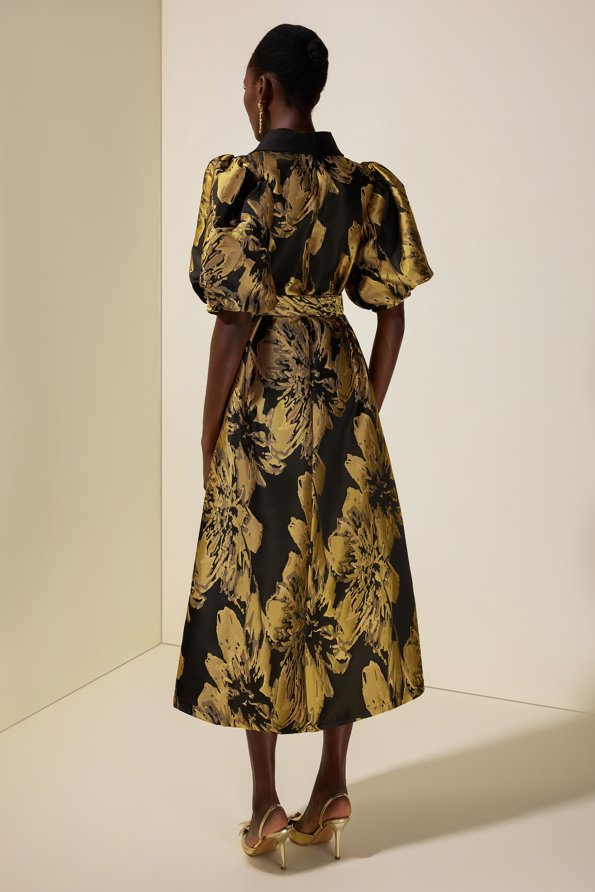 Jacquard Puff Sleeve Single Breasted Midi Dress With Belt