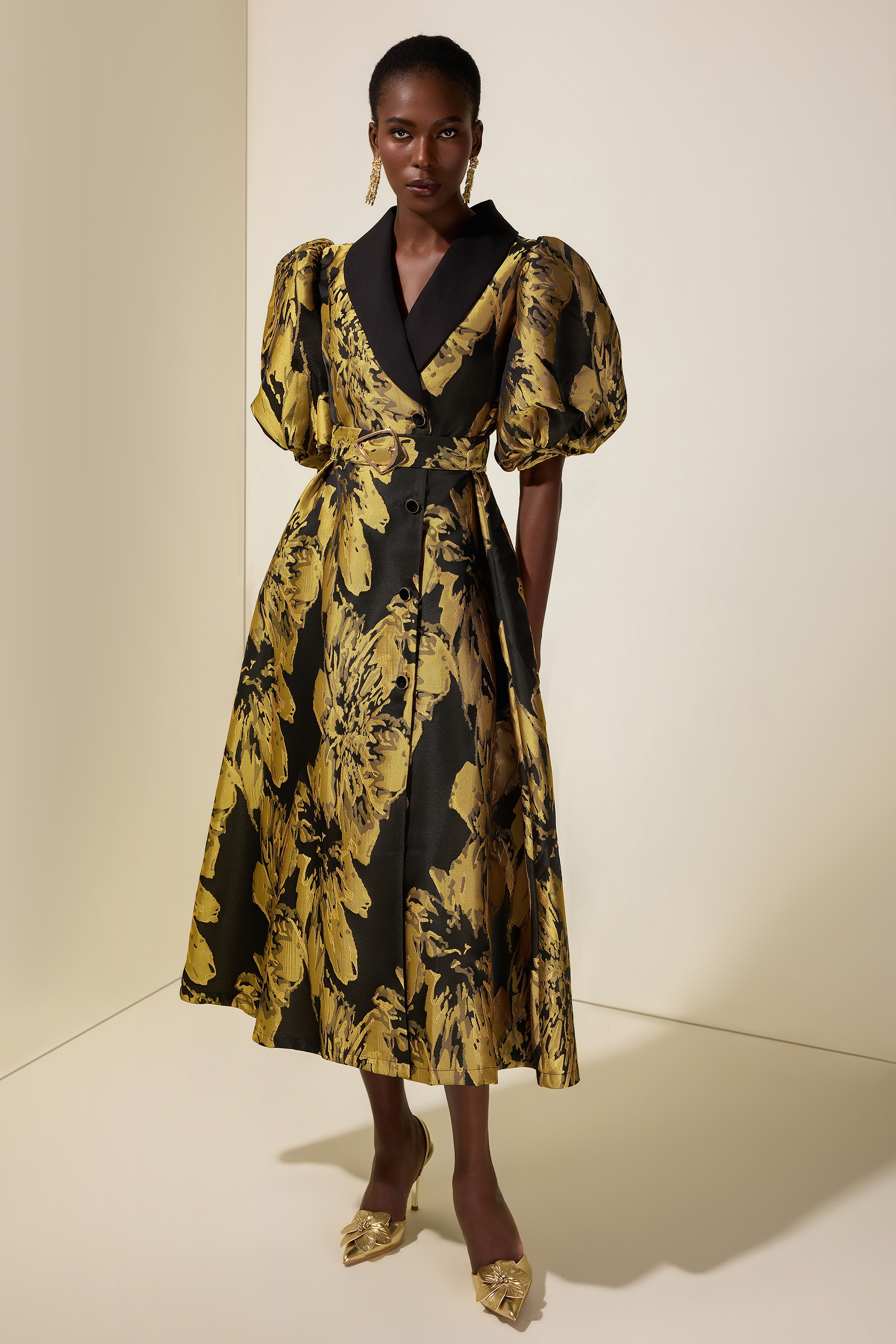 Jacquard Puff Sleeve Single Breasted Midi Dress With Belt