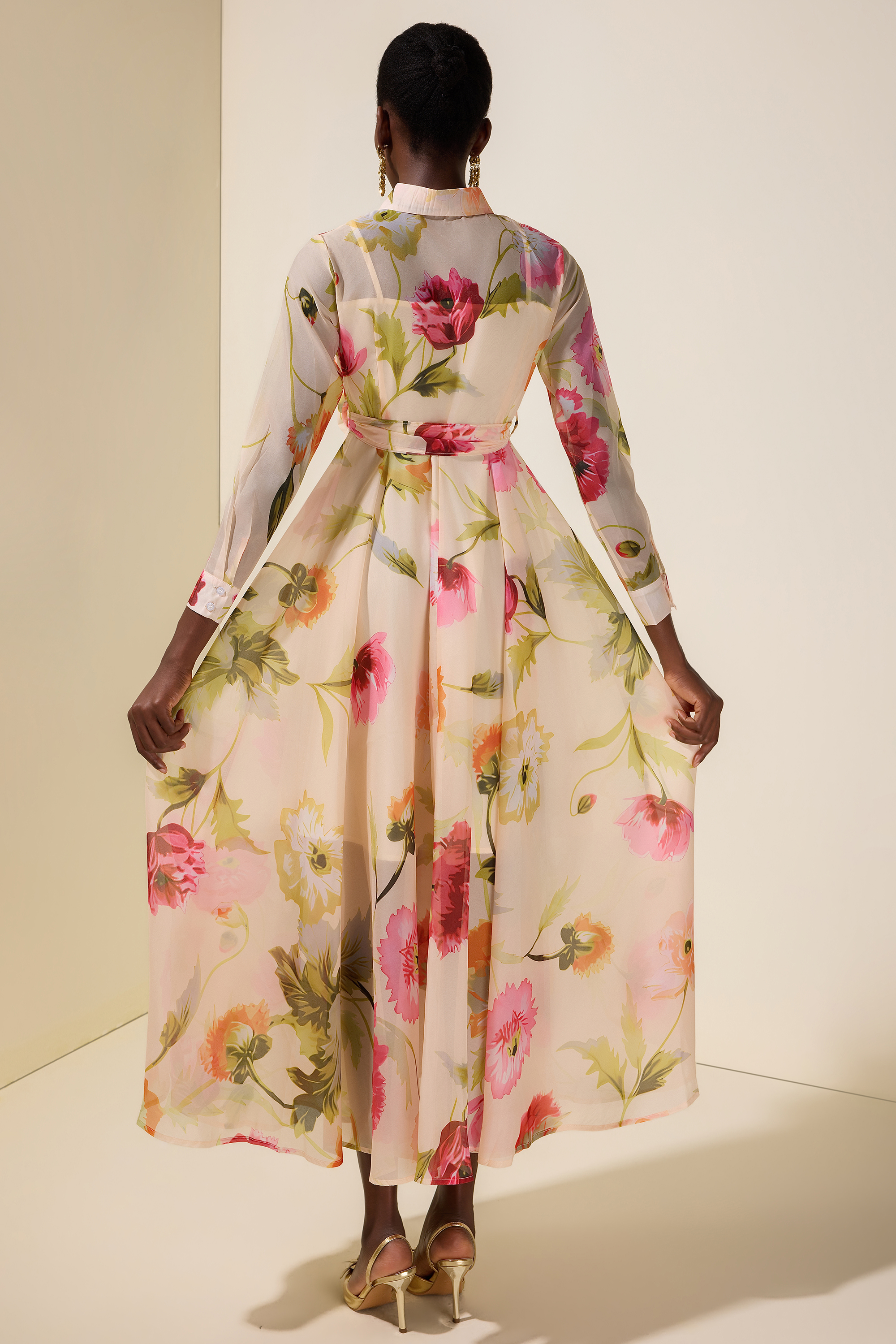 Floral Organza Single Breasted Midi Dress