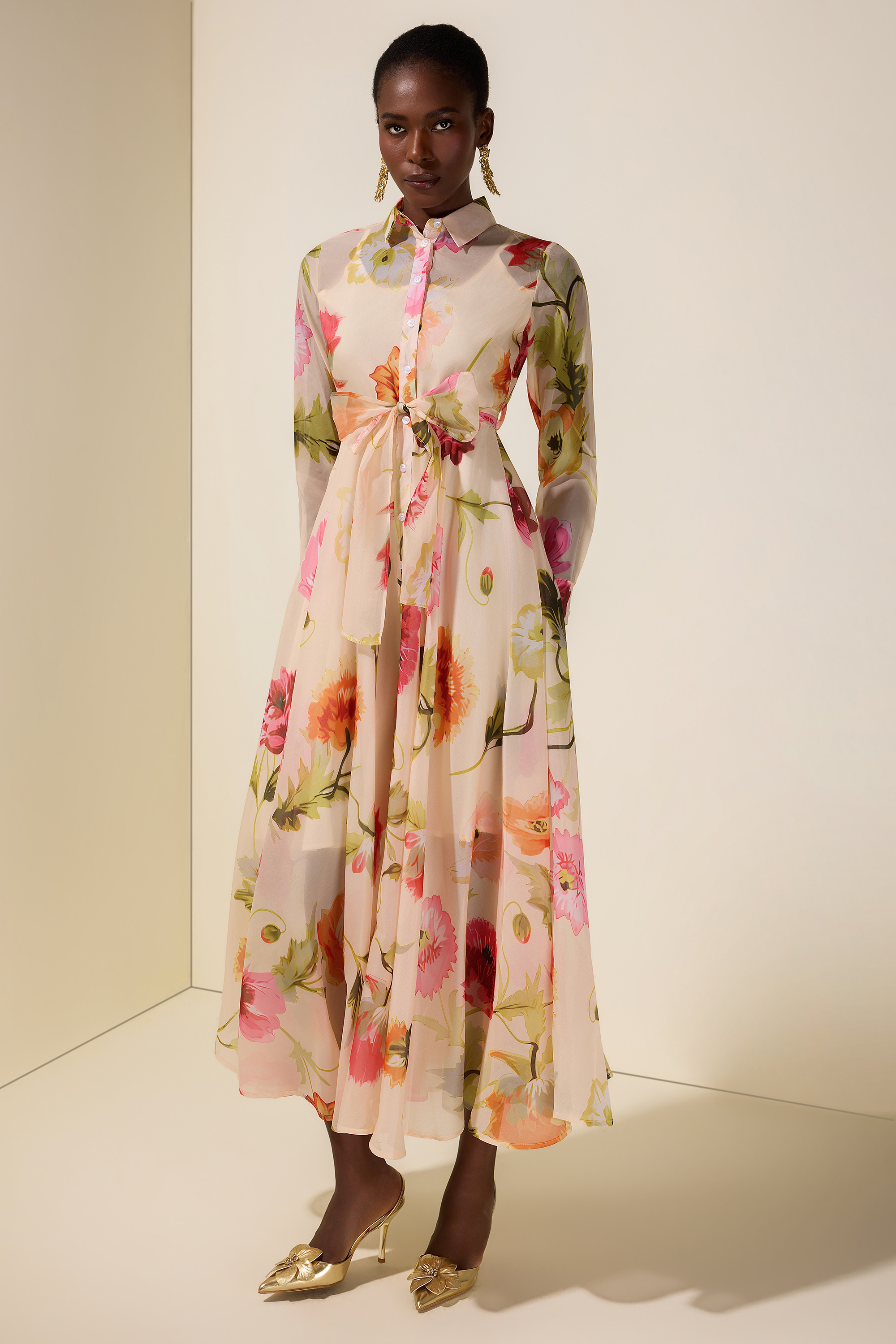 Floral Organza Single Breasted Midi Dress