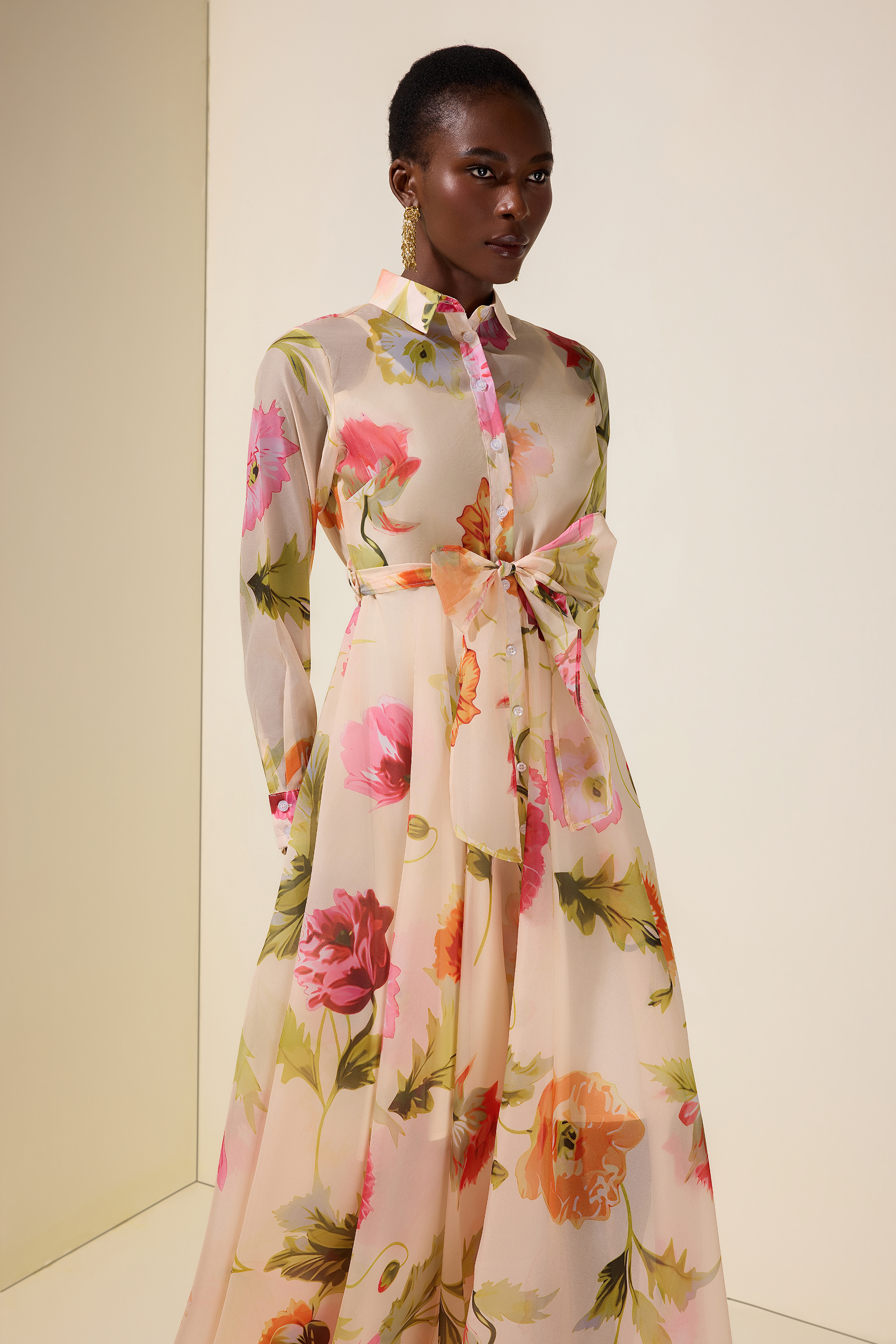 Floral Organza Single Breasted Midi Dress