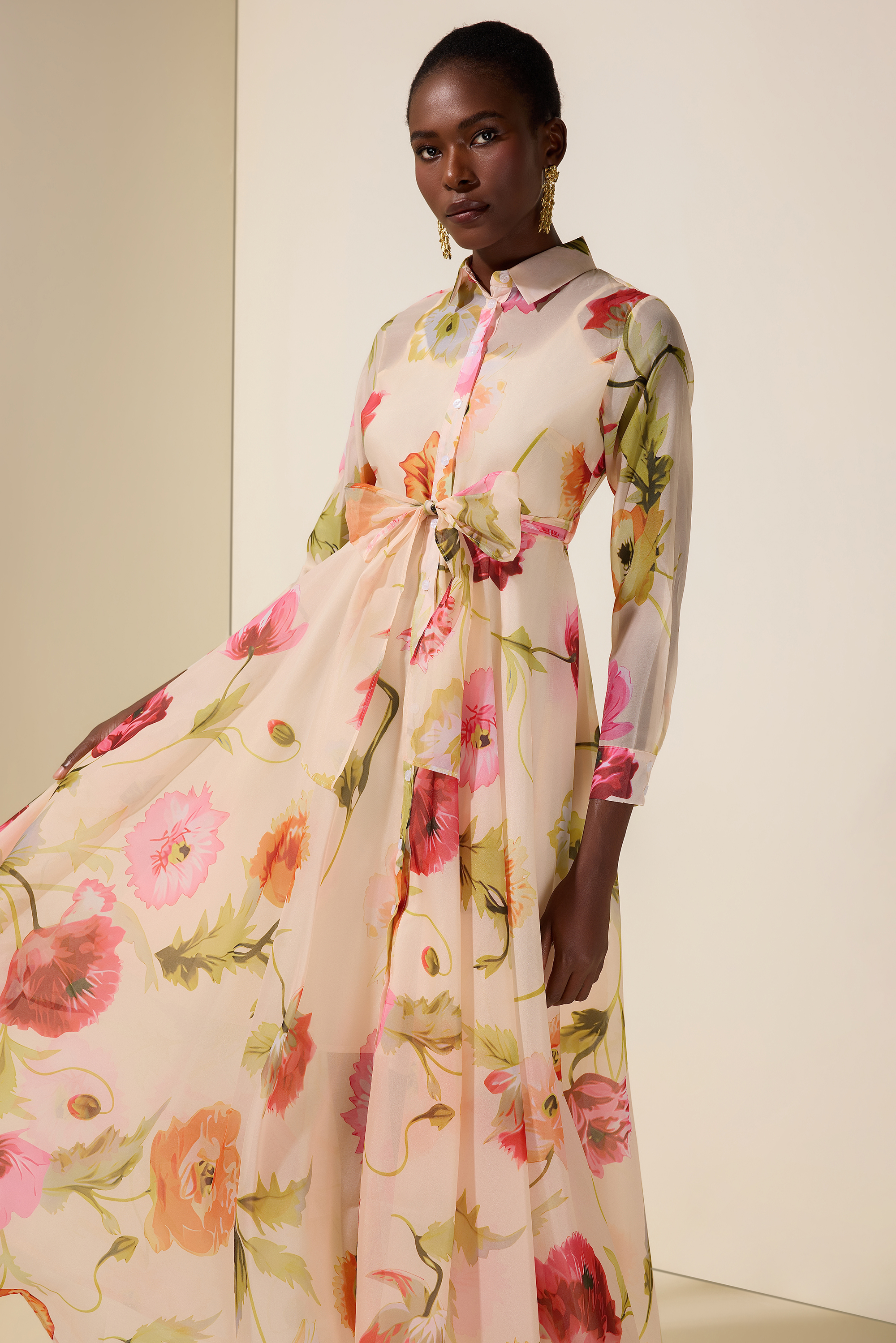 Floral Organza Single Breasted Midi Dress