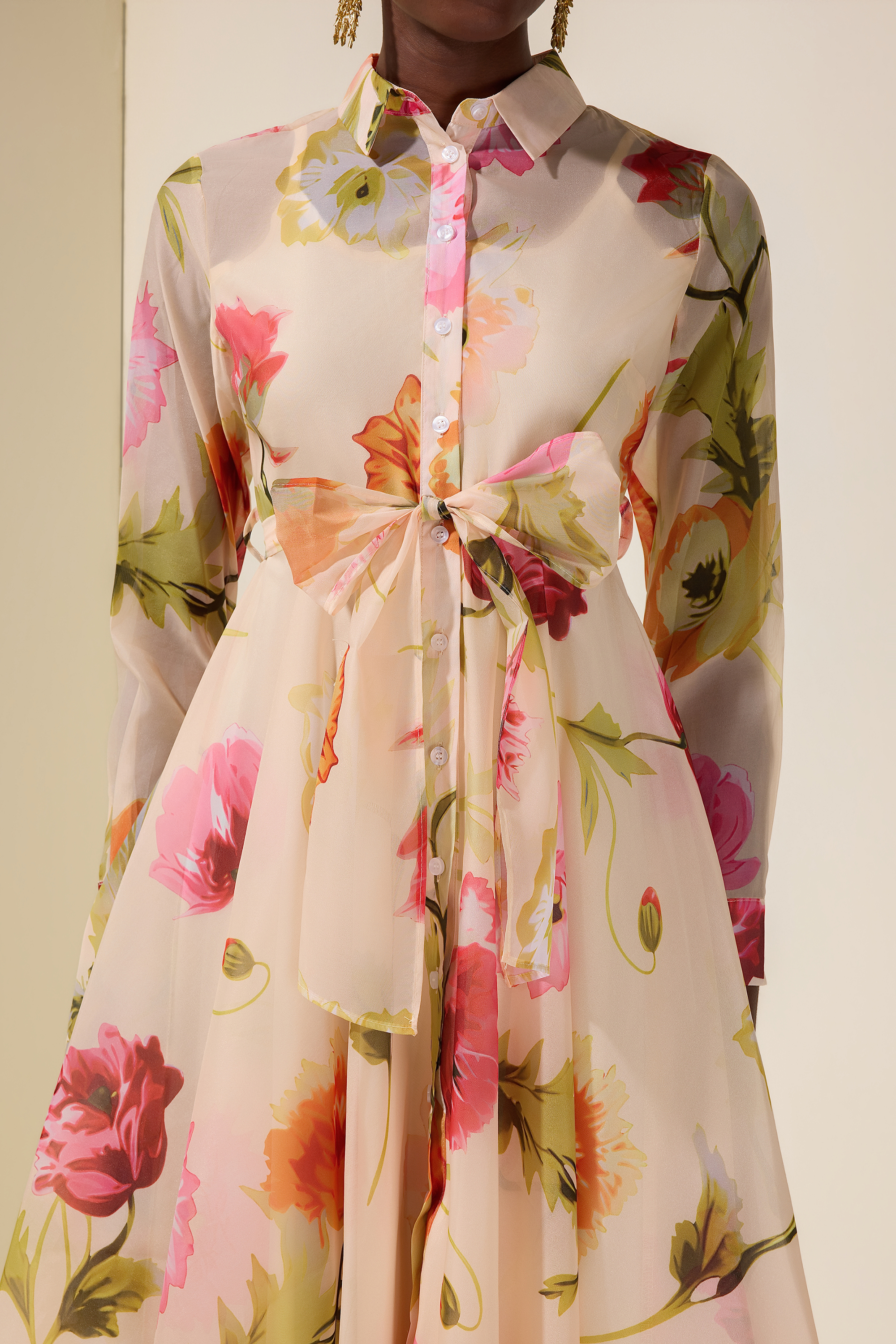 Floral Organza Single Breasted Midi Dress