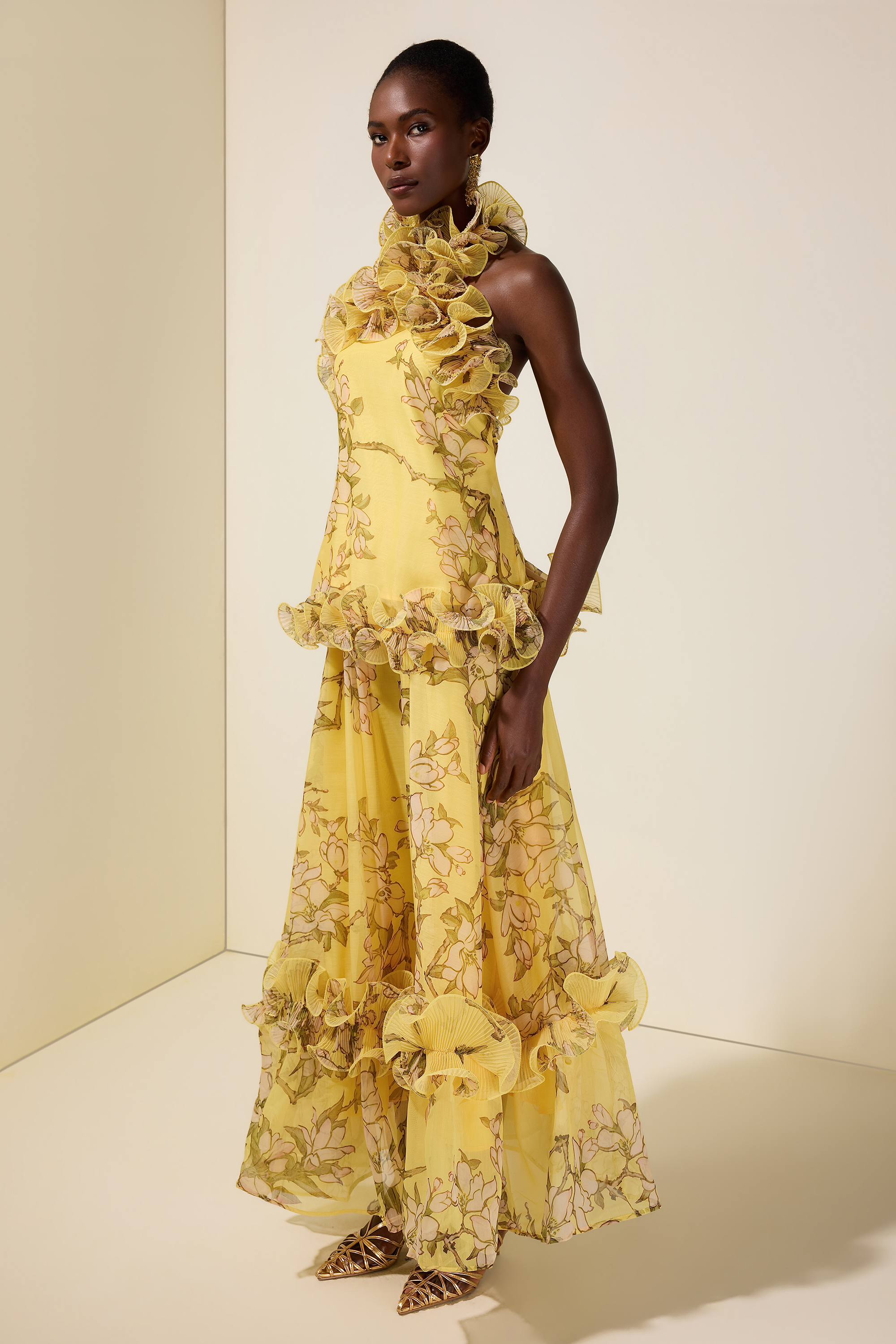 Floral Halter Neck Ruffle Top &  Mid Waist Maxi Skirt Set