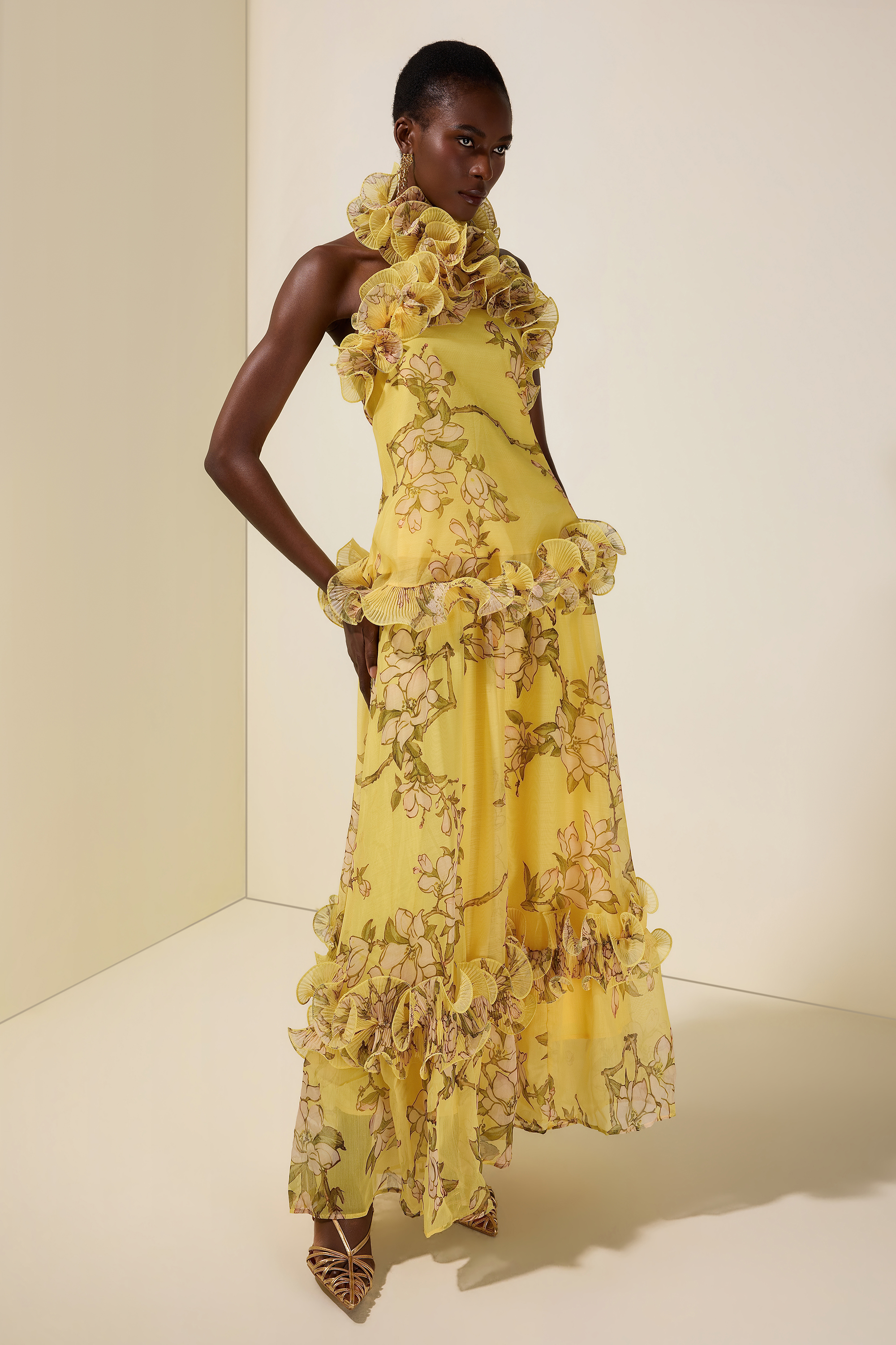 Floral Halter Neck Ruffle Top &  Mid Waist Maxi Skirt Set